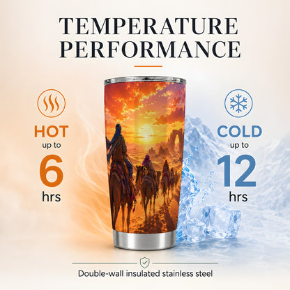 #pl[20oz|Steel] Desert Caravan 20oz Skinny Tumbler, Camel Journey Sunset Scene