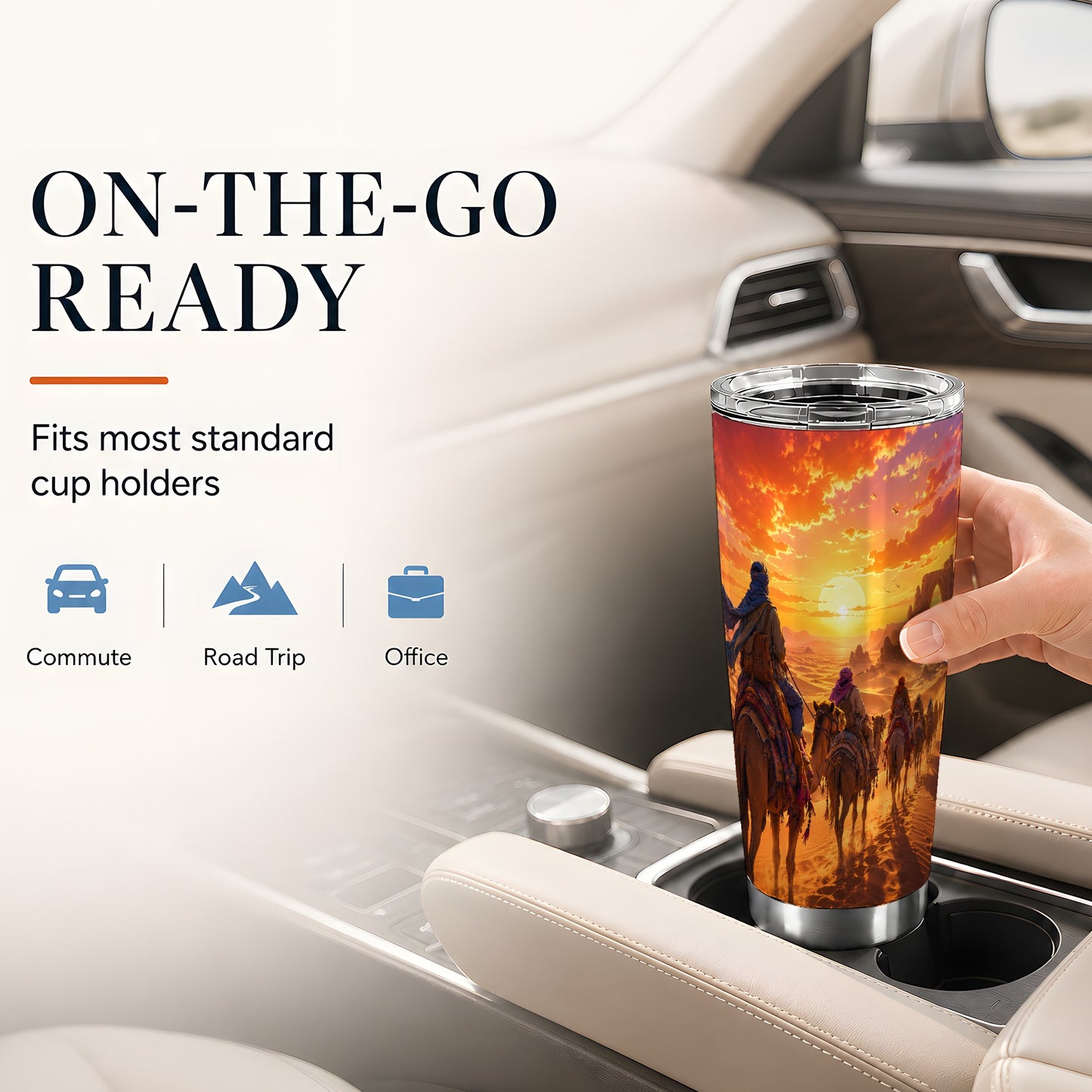 #pl[20oz|Steel] Desert Caravan 20oz Skinny Tumbler, Camel Journey Sunset Scene