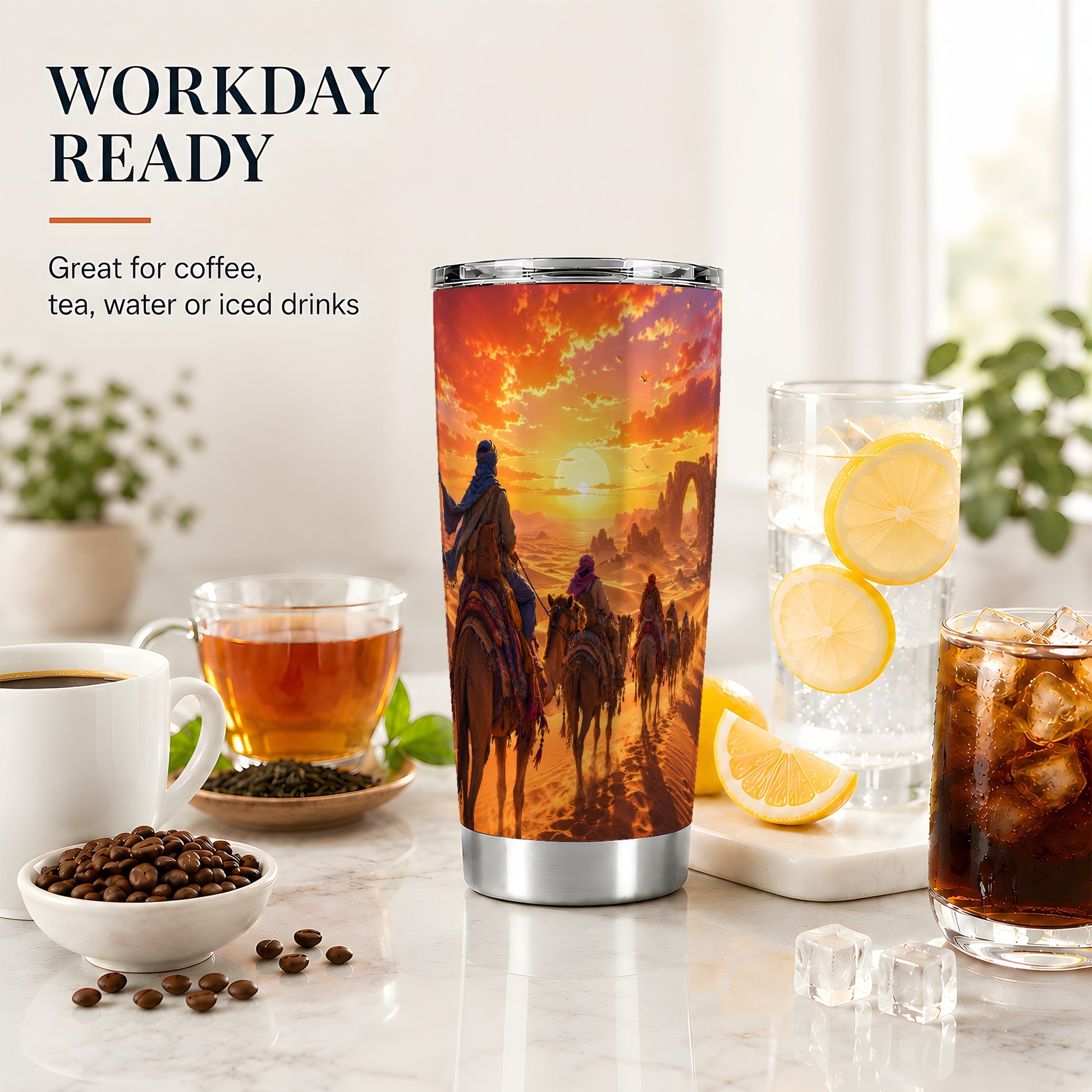 #pl[20oz|Steel] Desert Caravan 20oz Skinny Tumbler, Camel Journey Sunset Scene