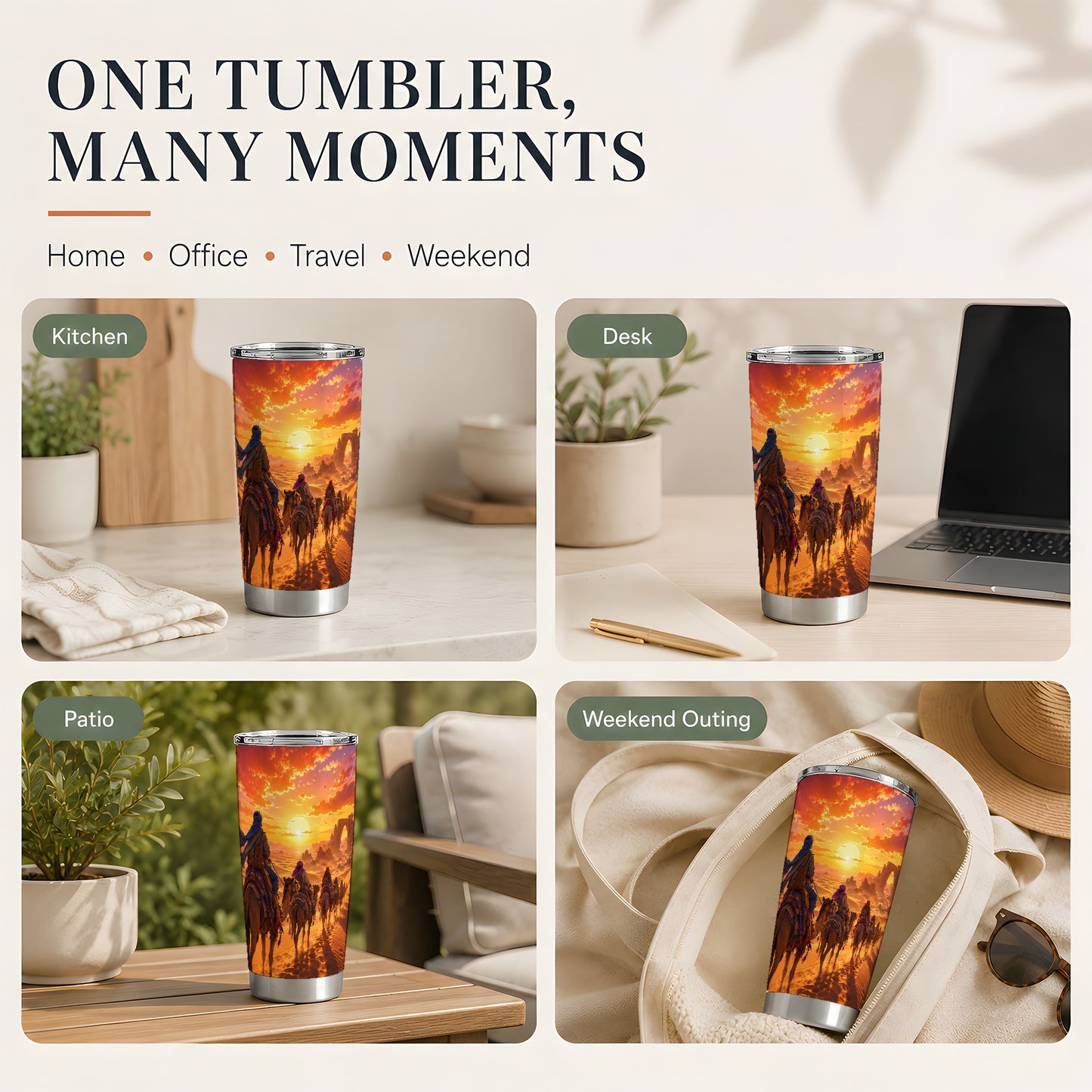 #pl[20oz|Steel] Desert Caravan 20oz Skinny Tumbler, Camel Journey Sunset Scene