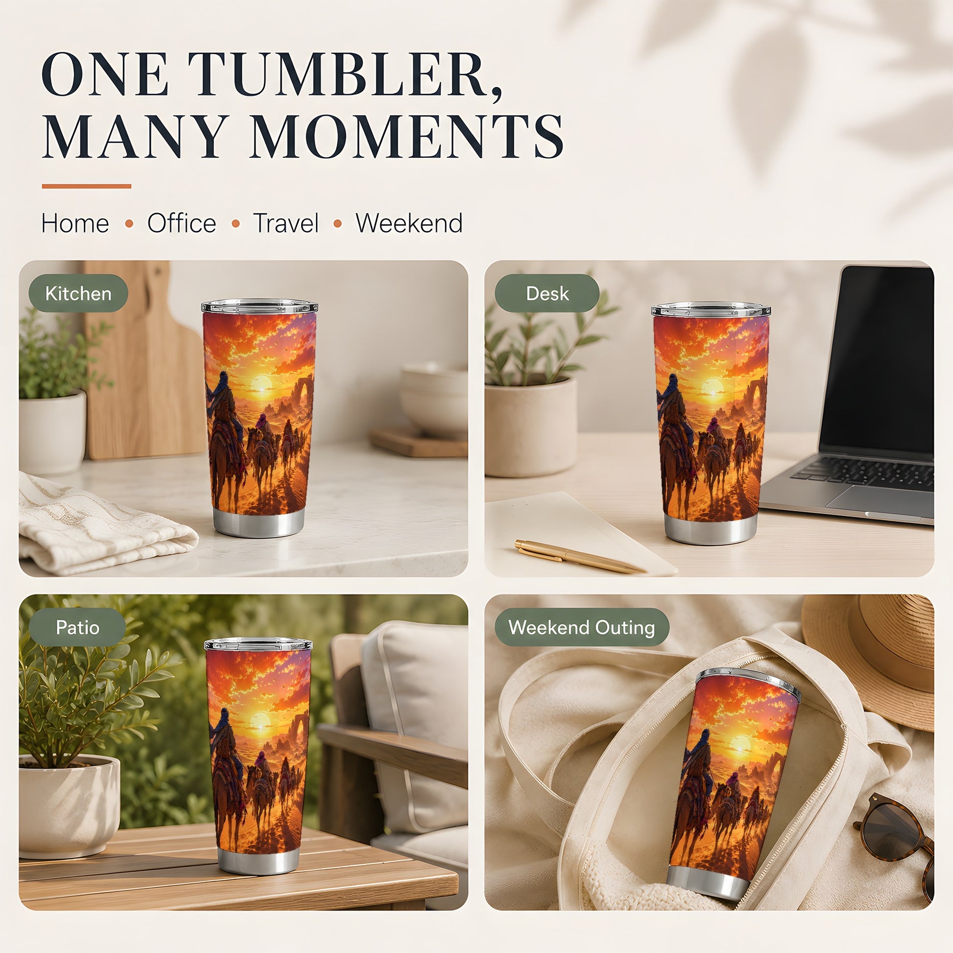 #pl[20oz|Steel] Desert Caravan 20oz Skinny Tumbler, Camel Journey Sunset Scene