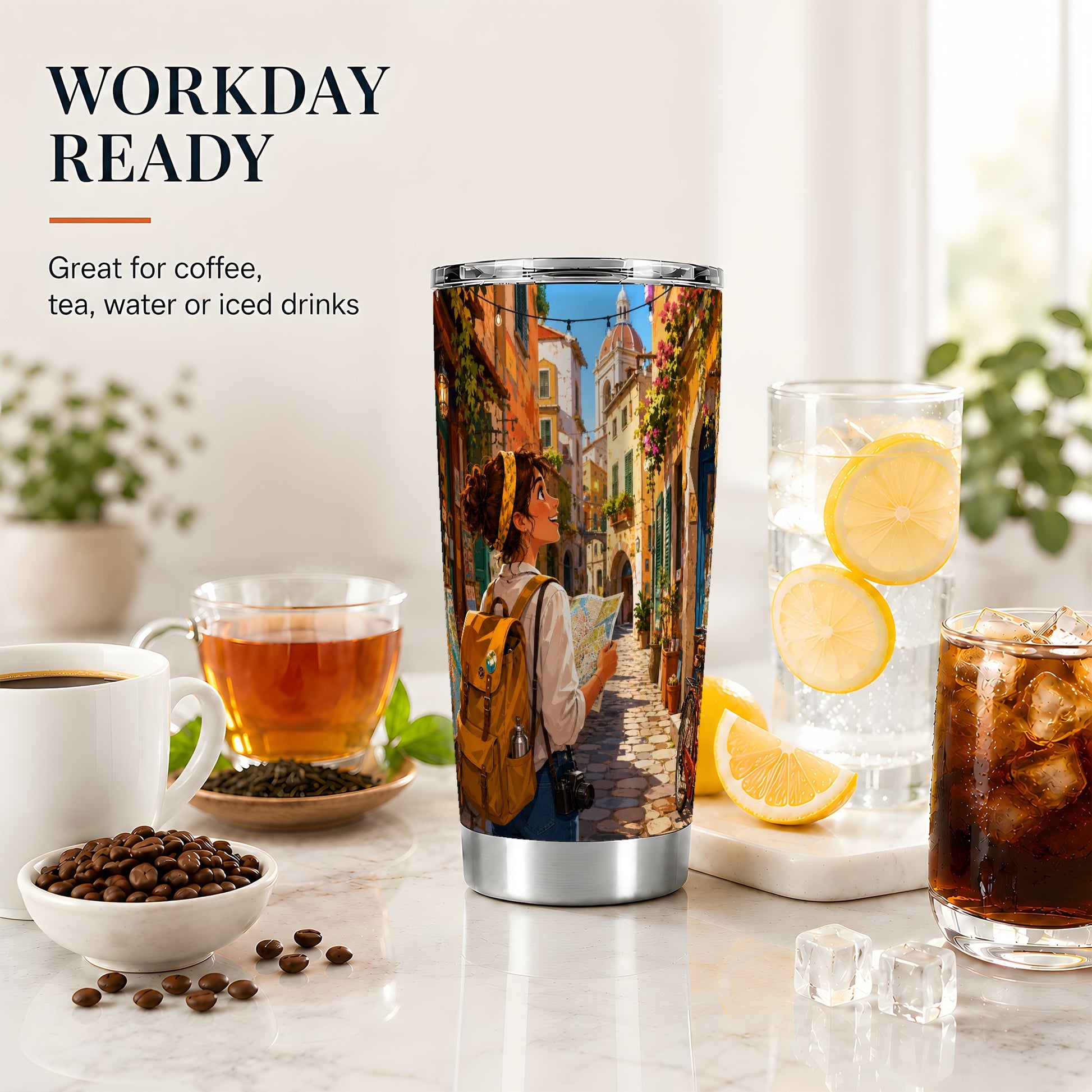 #pl[20oz|Steel] City Traveler 20oz Skinny Tumbler, Colorful Old Town Map Adventure
