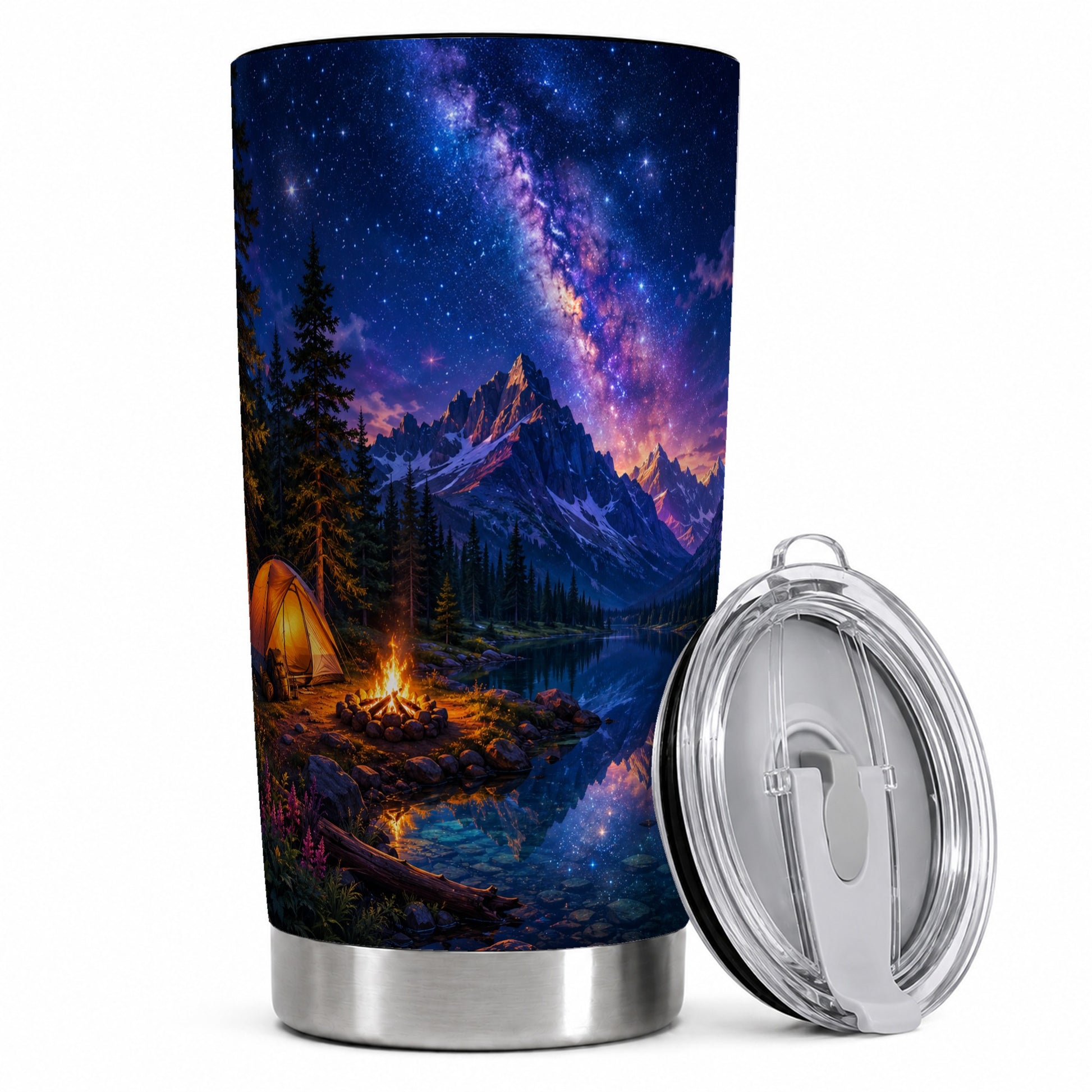 Milky Way Camping 20oz Skinny Tumbler, Mountain Lake Campfire Scene