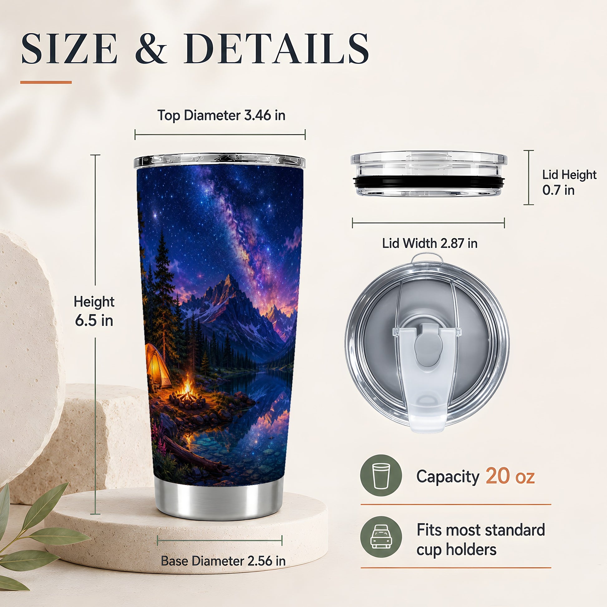 #pl[20oz|Steel] Milky Way Camping 20oz Skinny Tumbler, Mountain Lake Campfire Scene