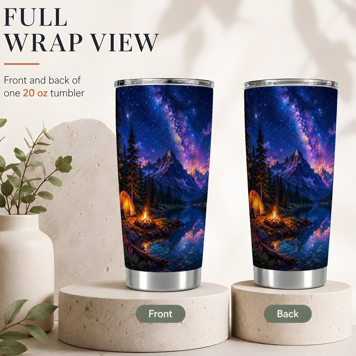 #pl[20oz|Steel] Milky Way Camping 20oz Skinny Tumbler, Mountain Lake Campfire Scene