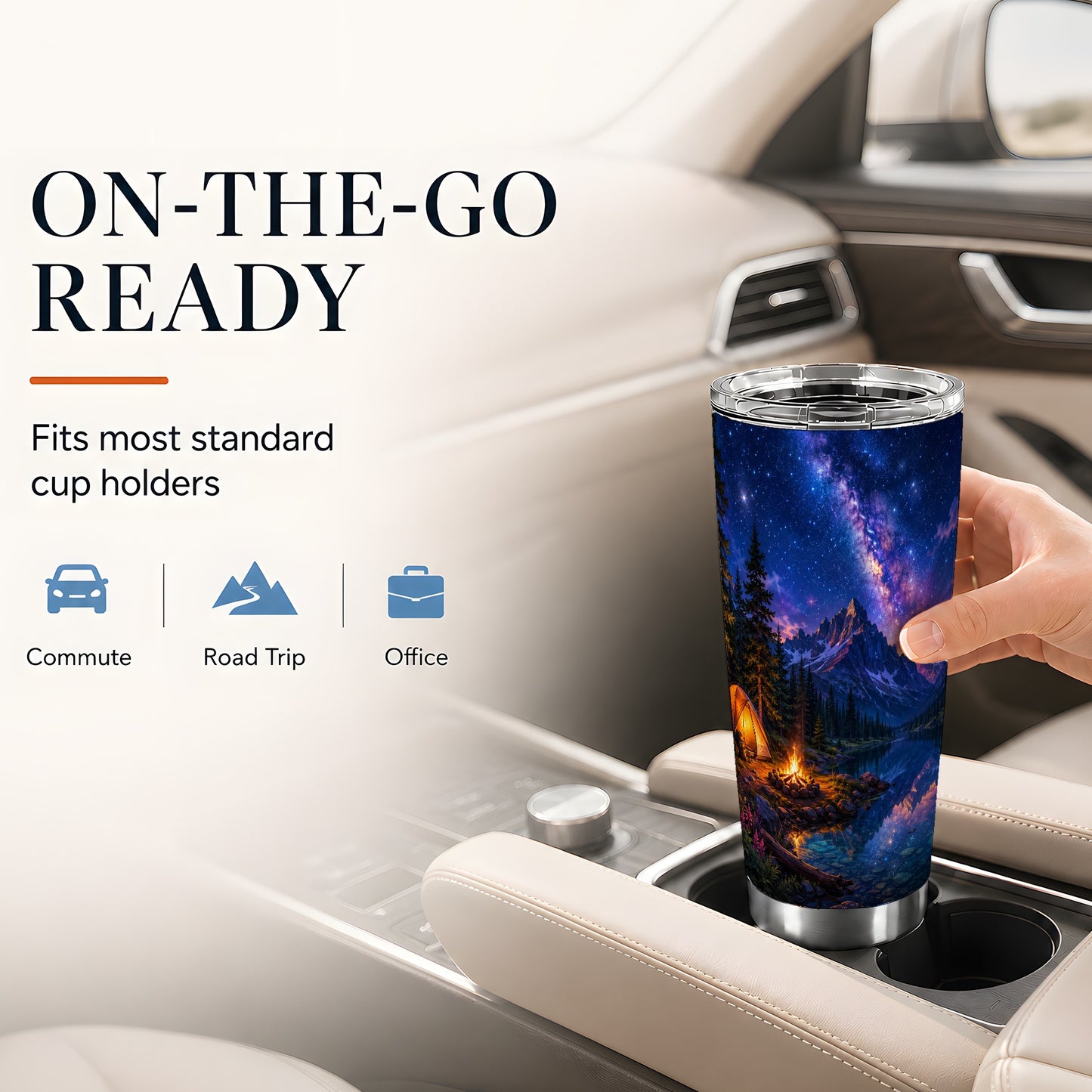 #pl[20oz|Steel] Milky Way Camping 20oz Skinny Tumbler, Mountain Lake Campfire Scene