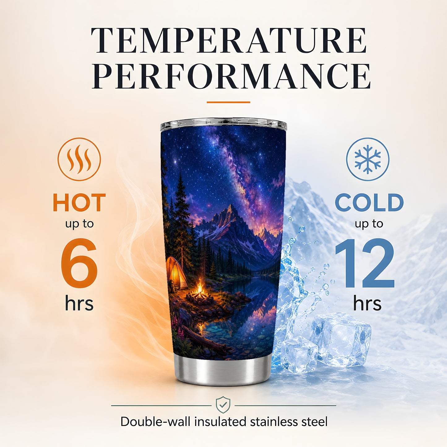 #pl[20oz|Steel] Milky Way Camping 20oz Skinny Tumbler, Mountain Lake Campfire Scene