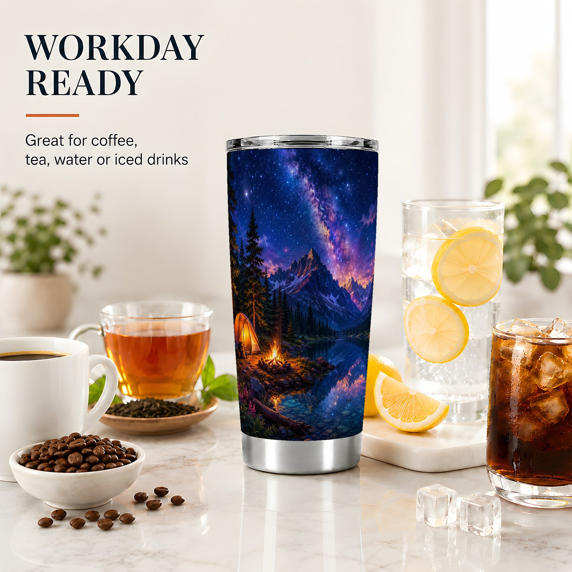 #pl[20oz|Steel] Milky Way Camping 20oz Skinny Tumbler, Mountain Lake Campfire Scene