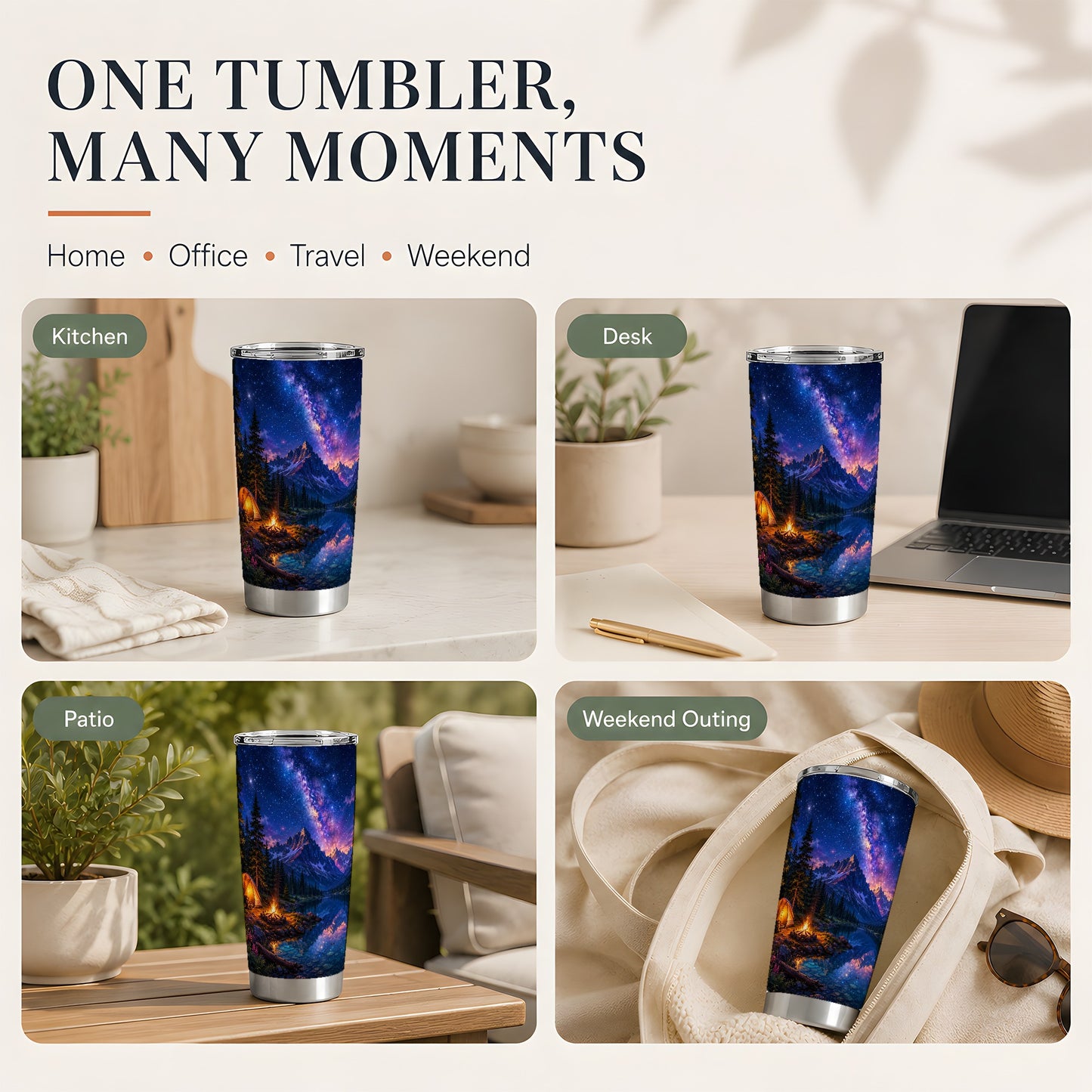 #pl[20oz|Steel] Milky Way Camping 20oz Skinny Tumbler, Mountain Lake Campfire Scene