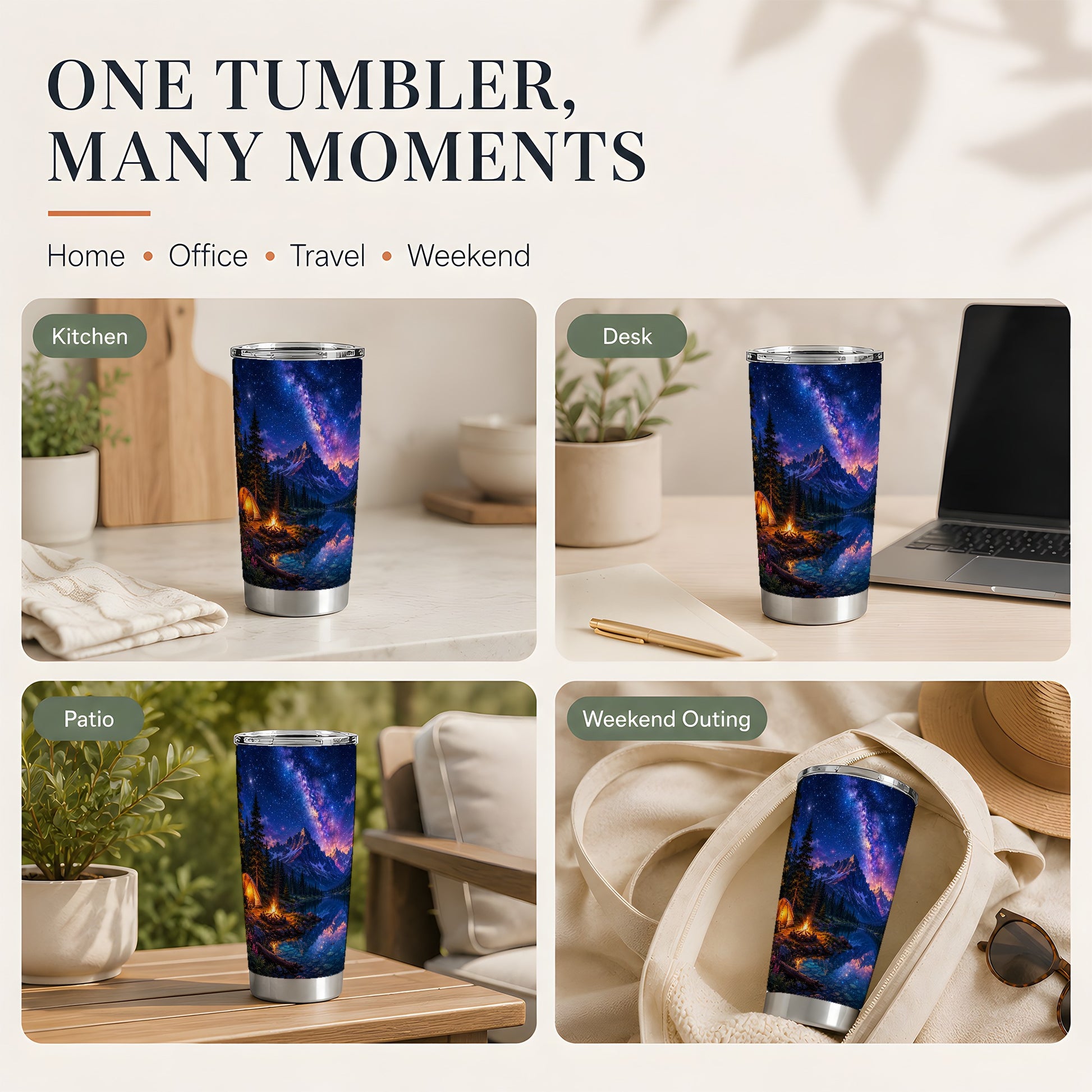#pl[20oz|Steel] Milky Way Camping 20oz Skinny Tumbler, Mountain Lake Campfire Scene