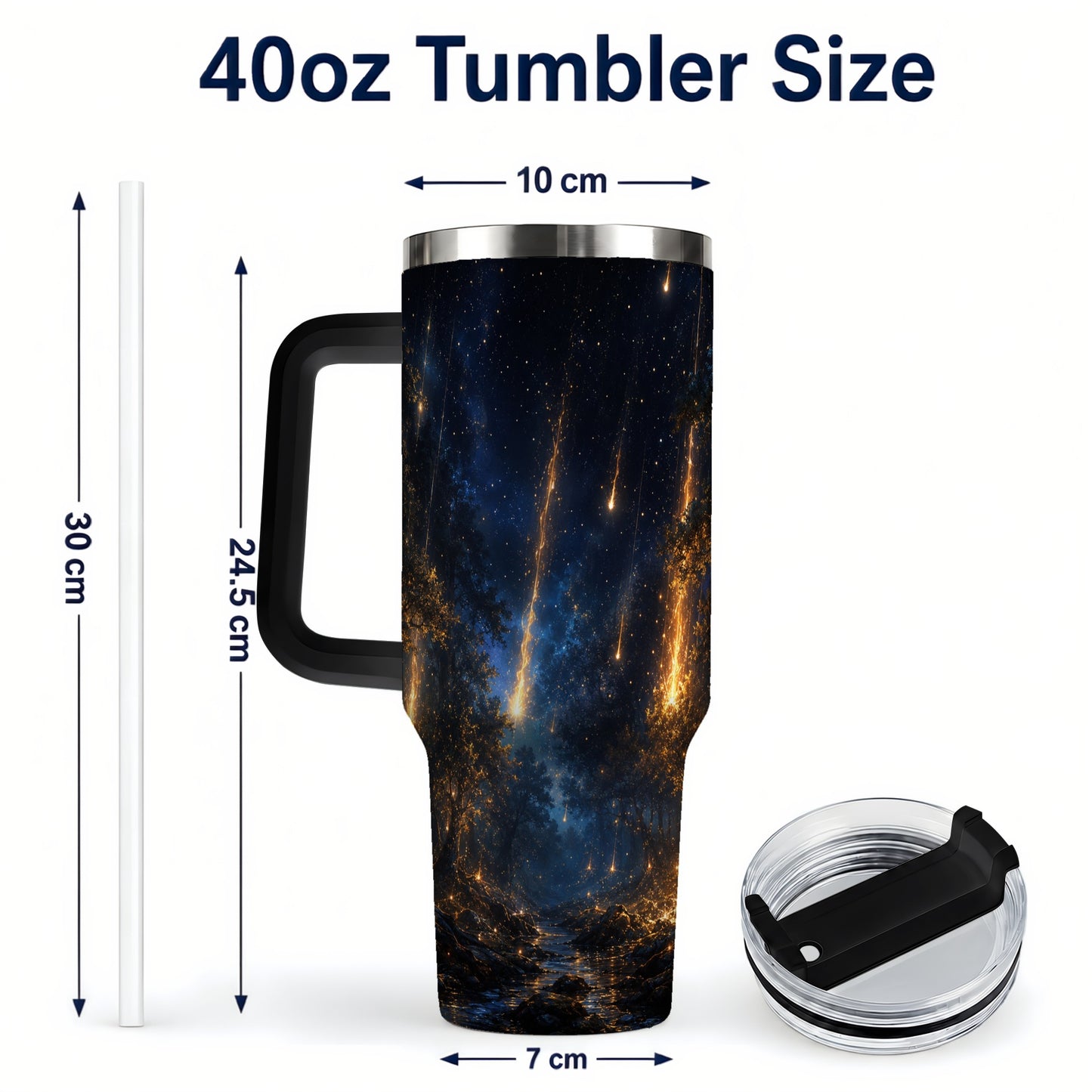 #pl[40oz|Black] Meteor Shower Forest 40oz Tumbler with Handle, Celestial Art