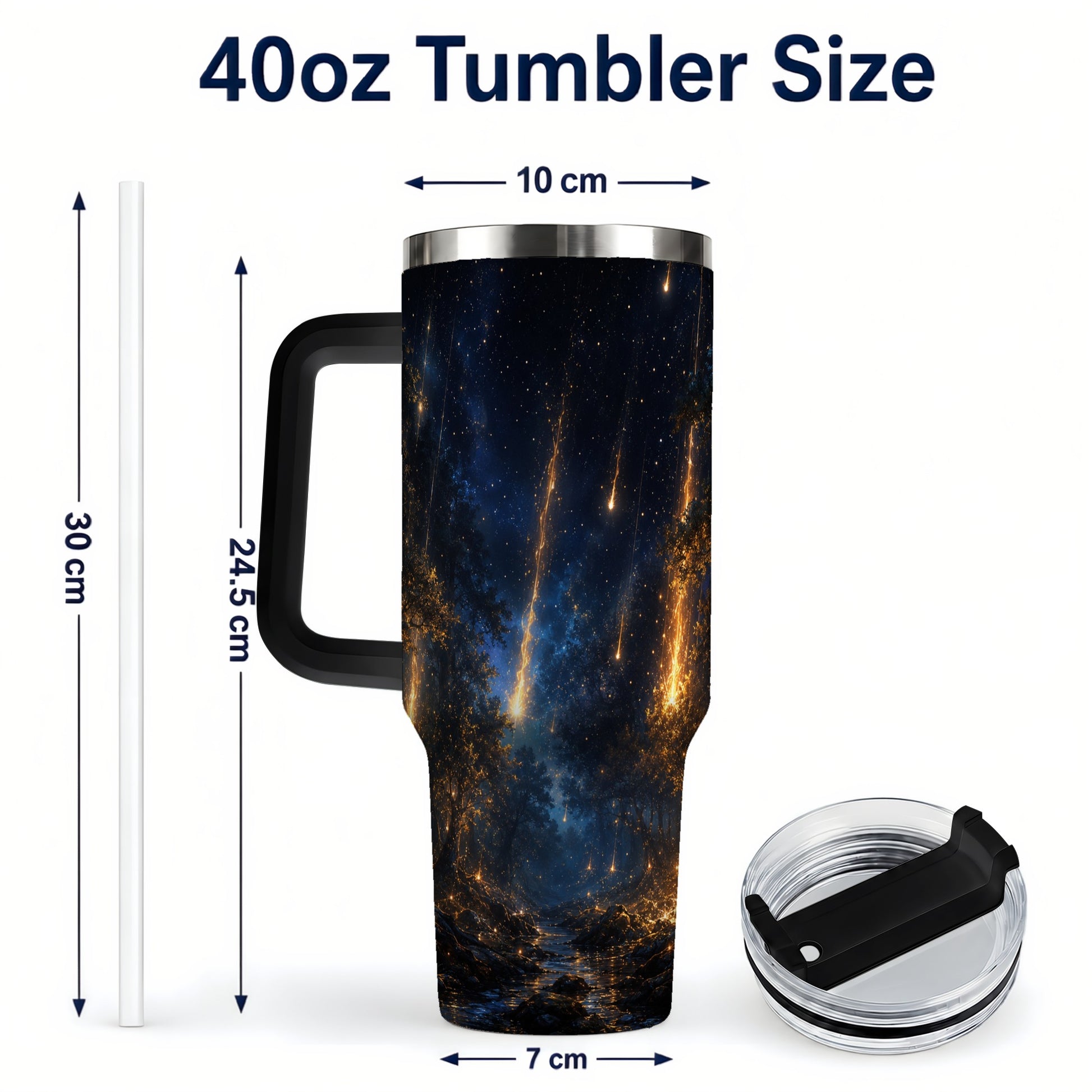 #pl[40oz|Black] Meteor Shower Forest 40oz Tumbler with Handle, Celestial Art