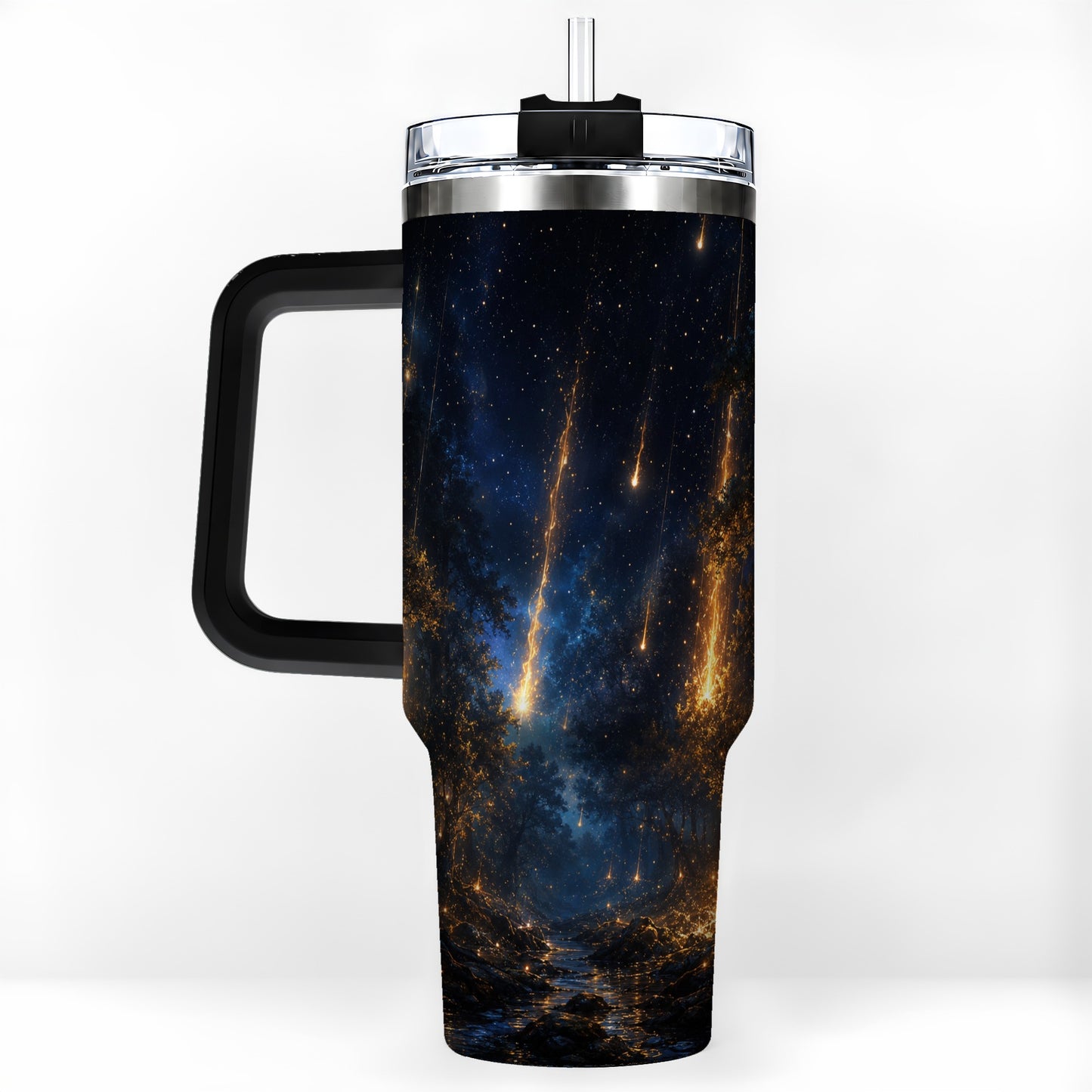 #pl[40oz|Black] Meteor Shower Forest 40oz Tumbler with Handle, Celestial Art