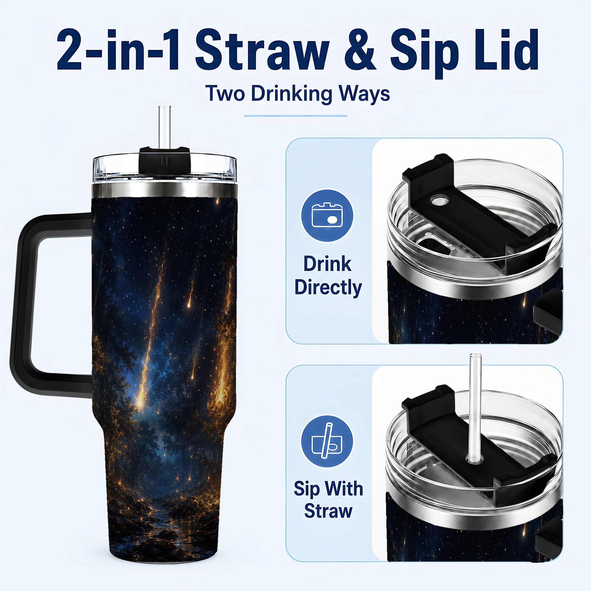 #pl[40oz|Black] Meteor Shower Forest 40oz Tumbler with Handle, Celestial Art