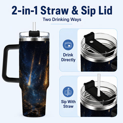 #pl[40oz|Black] Meteor Shower Forest 40oz Tumbler with Handle, Celestial Art