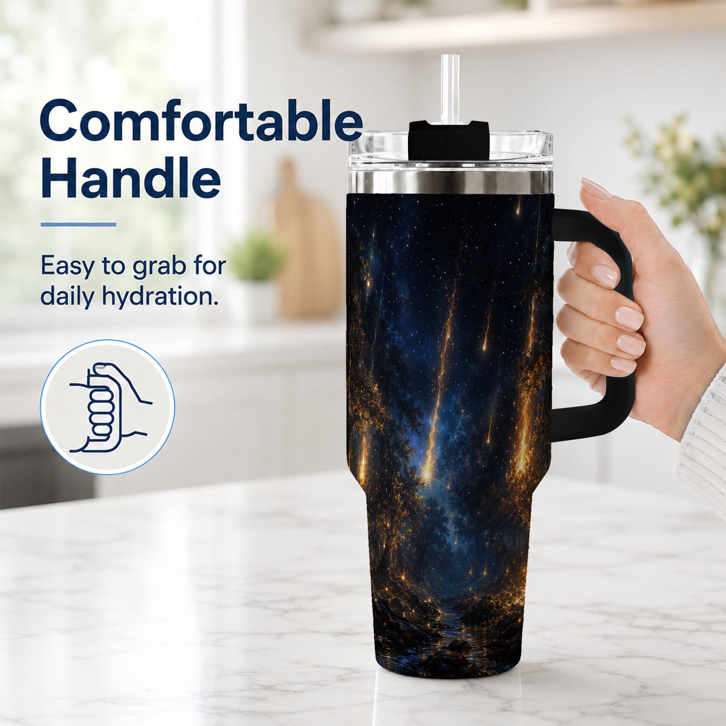 #pl[40oz|Black] Meteor Shower Forest 40oz Tumbler with Handle, Celestial Art