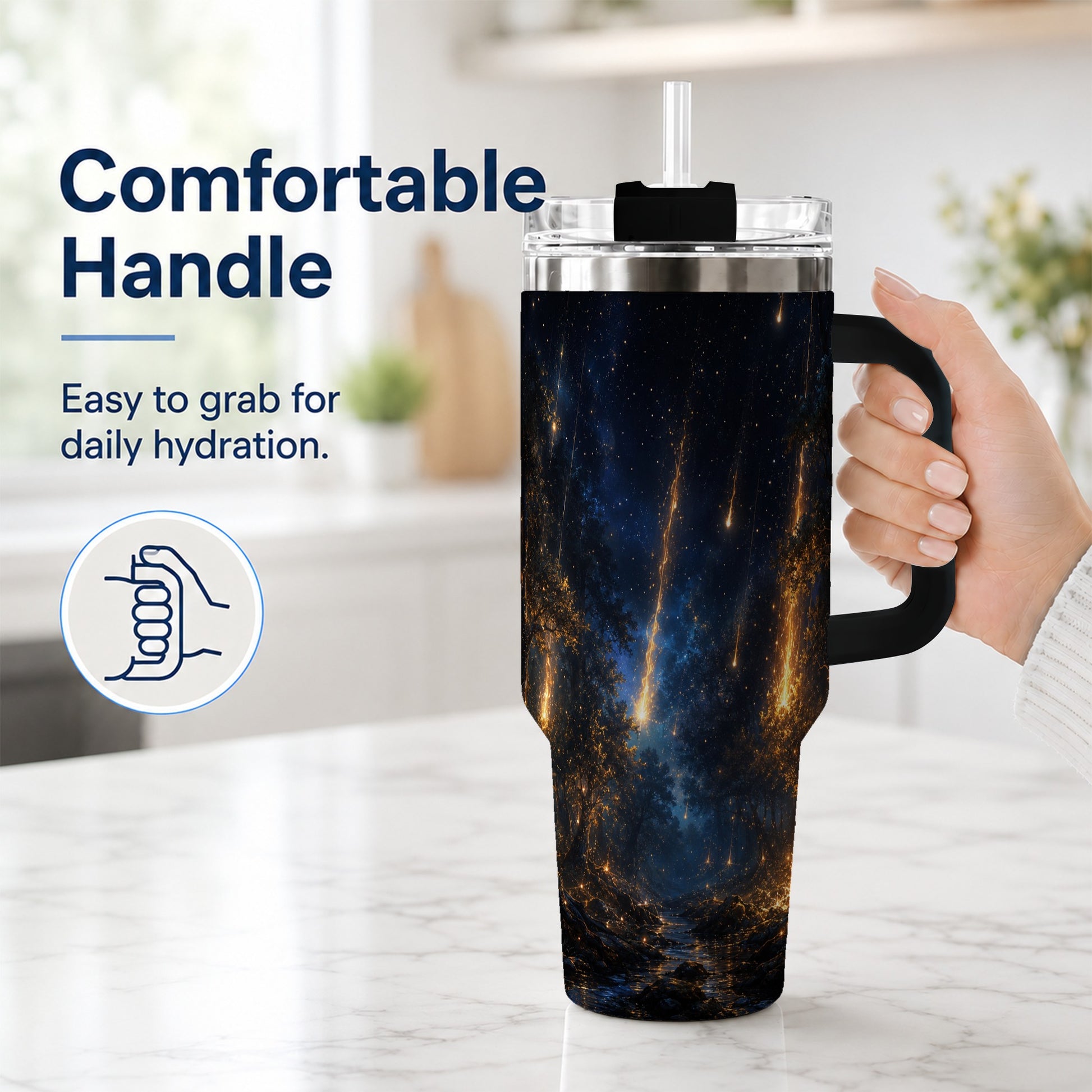 #pl[40oz|Black] Meteor Shower Forest 40oz Tumbler with Handle, Celestial Art