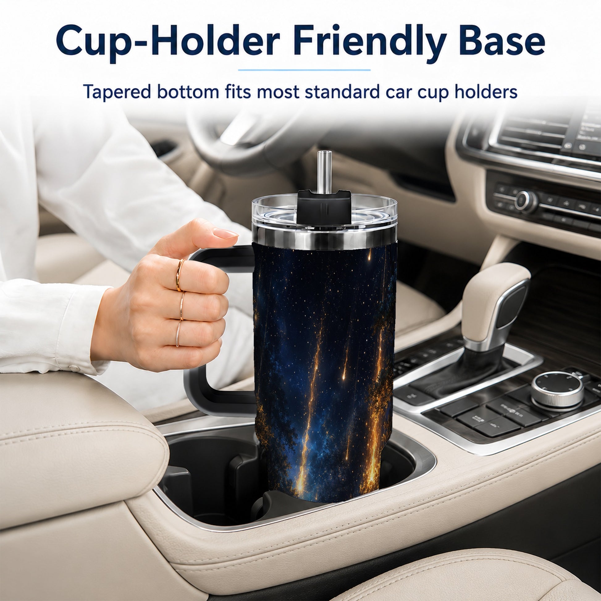 #pl[40oz|Black] Meteor Shower Forest 40oz Tumbler with Handle, Celestial Art