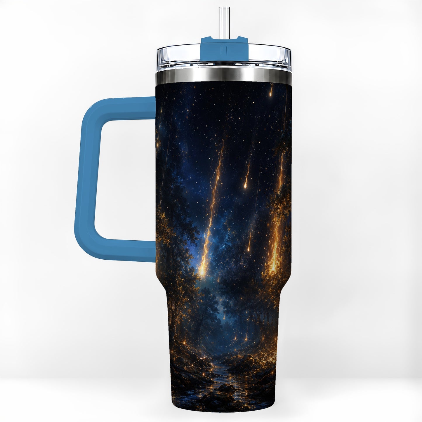 #pl[40oz|Blue] Meteor Shower Forest 40oz Tumbler with Handle, Celestial Art