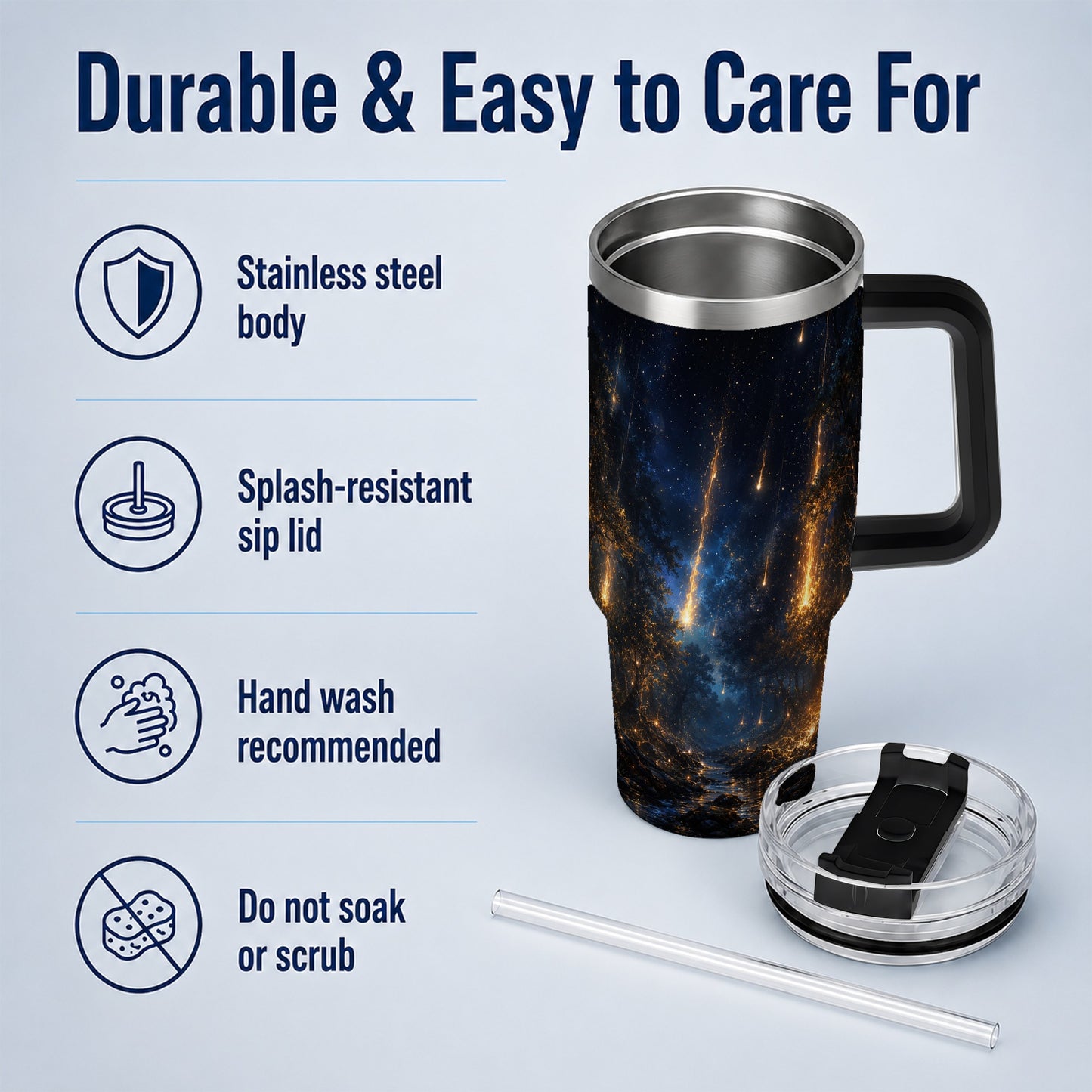 #pl[40oz|Black] Meteor Shower Forest 40oz Tumbler with Handle, Celestial Art