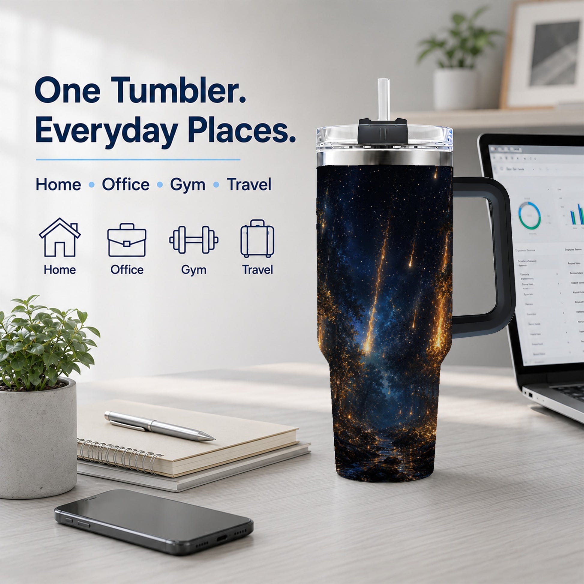 #pl[40oz|Black] Meteor Shower Forest 40oz Tumbler with Handle, Celestial Art