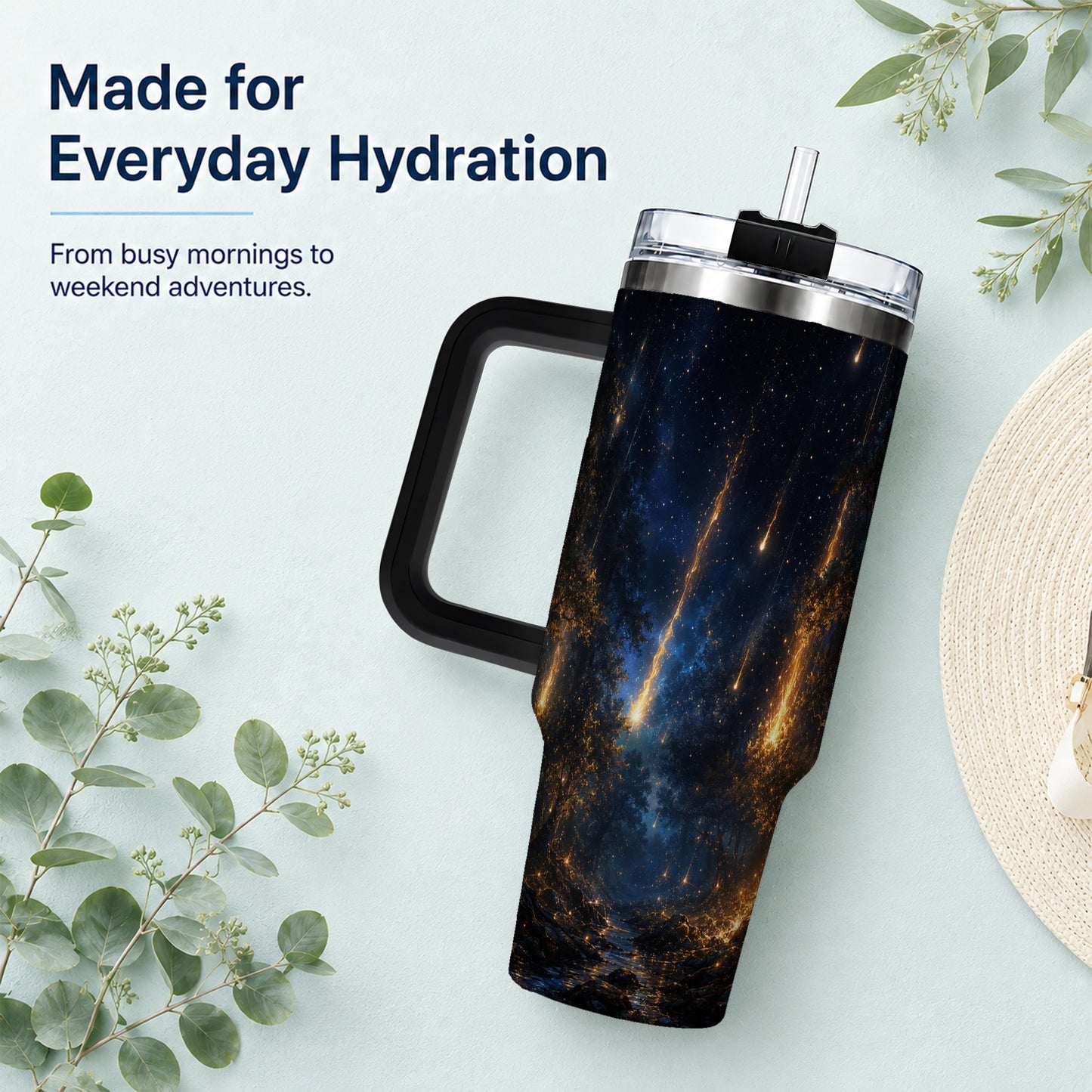 #pl[40oz|Black] Meteor Shower Forest 40oz Tumbler with Handle, Celestial Art