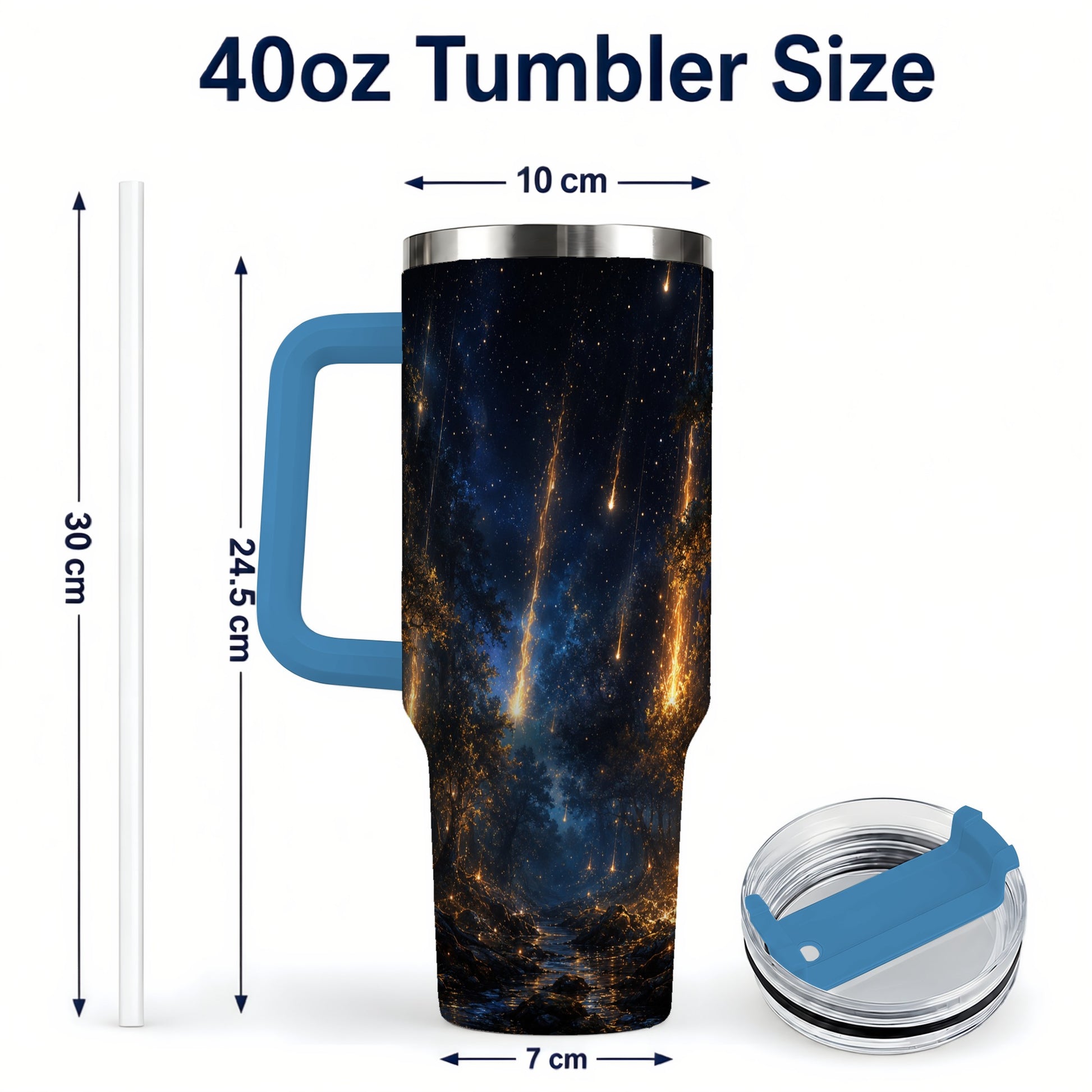 #pl[40oz|Blue] Meteor Shower Forest 40oz Tumbler with Handle, Celestial Art