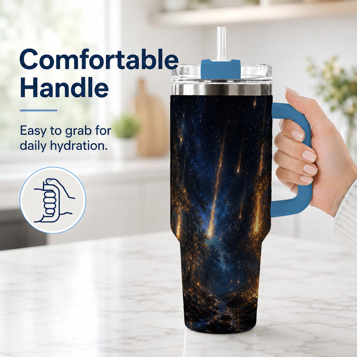 #pl[40oz|Blue] Meteor Shower Forest 40oz Tumbler with Handle, Celestial Art