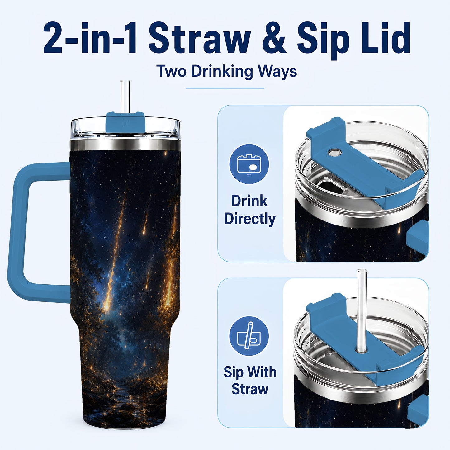 #pl[40oz|Blue] Meteor Shower Forest 40oz Tumbler with Handle, Celestial Art
