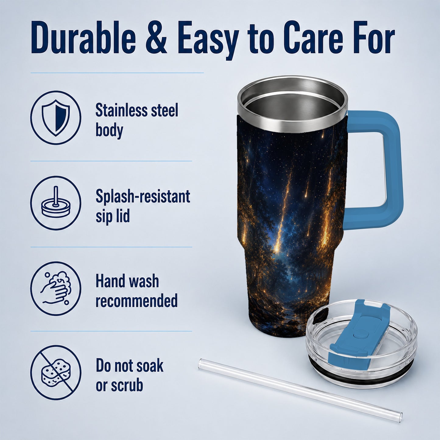 #pl[40oz|Blue] Meteor Shower Forest 40oz Tumbler with Handle, Celestial Art