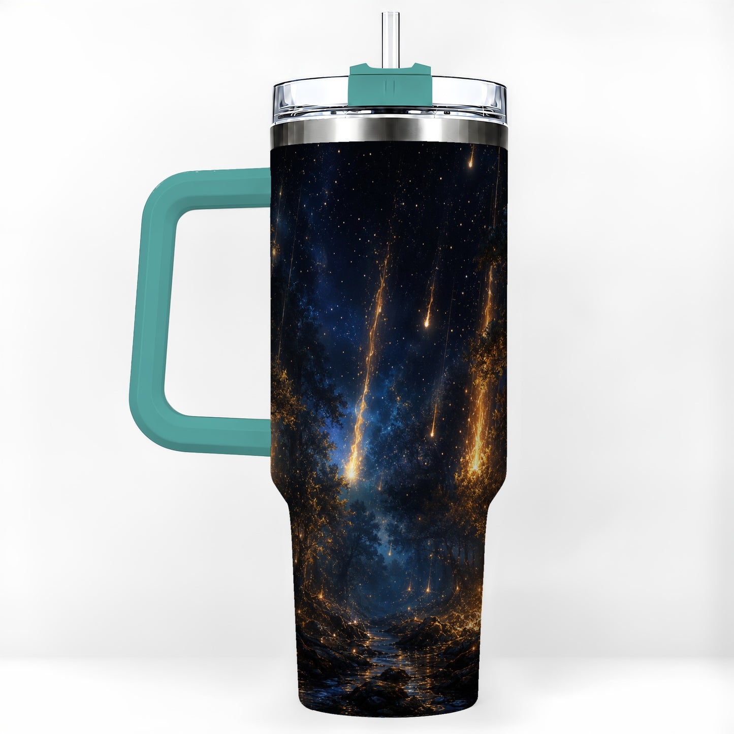 #pl[40oz|Green] Meteor Shower Forest 40oz Tumbler with Handle, Celestial Art