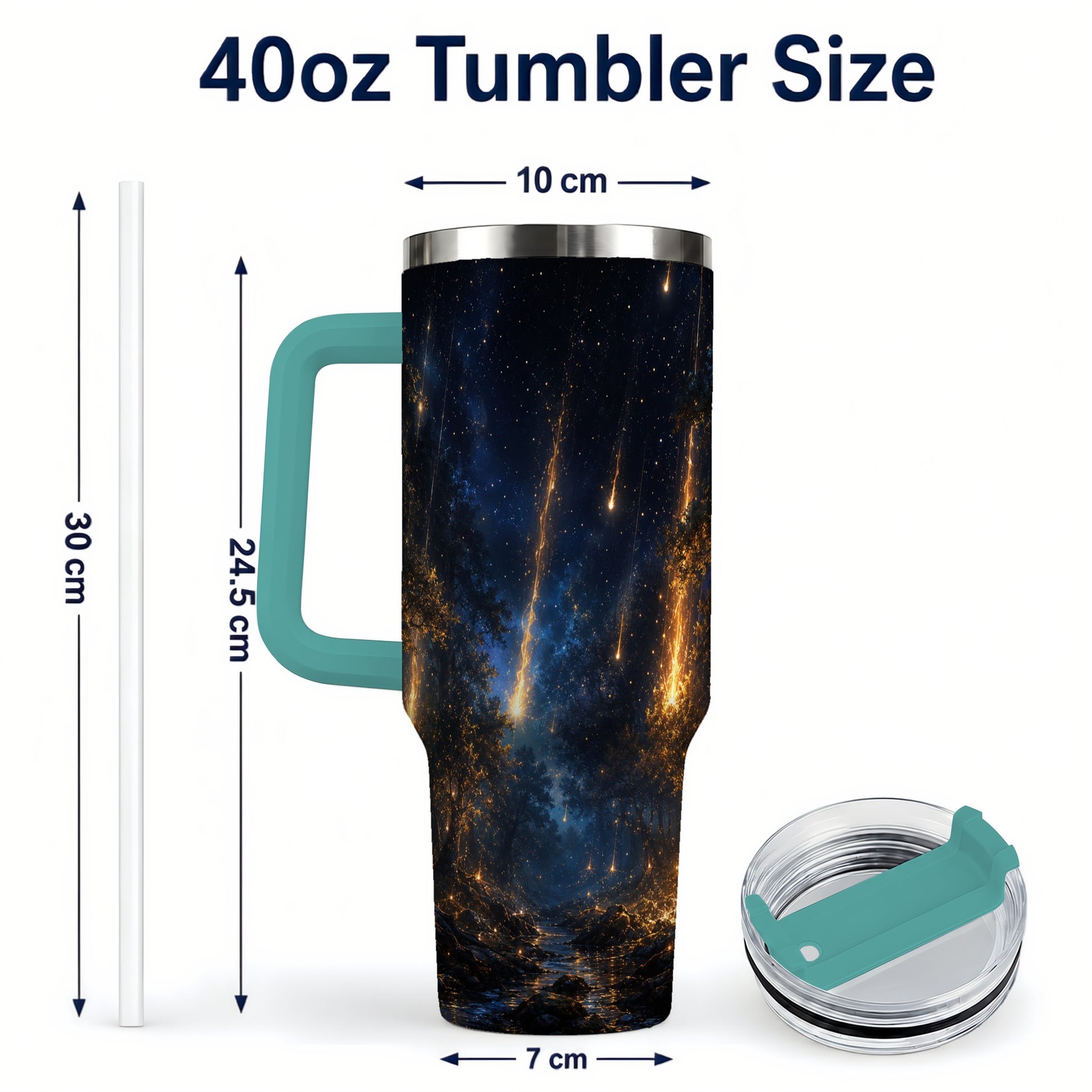#pl[40oz|Green] Meteor Shower Forest 40oz Tumbler with Handle, Celestial Art