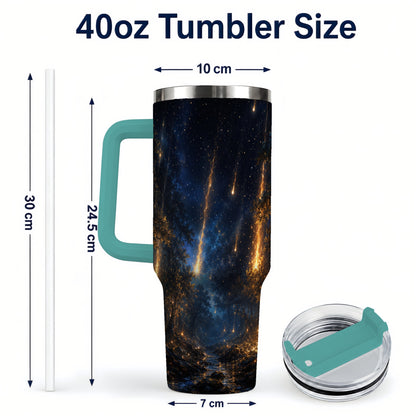 #pl[40oz|Green] Meteor Shower Forest 40oz Tumbler with Handle, Celestial Art