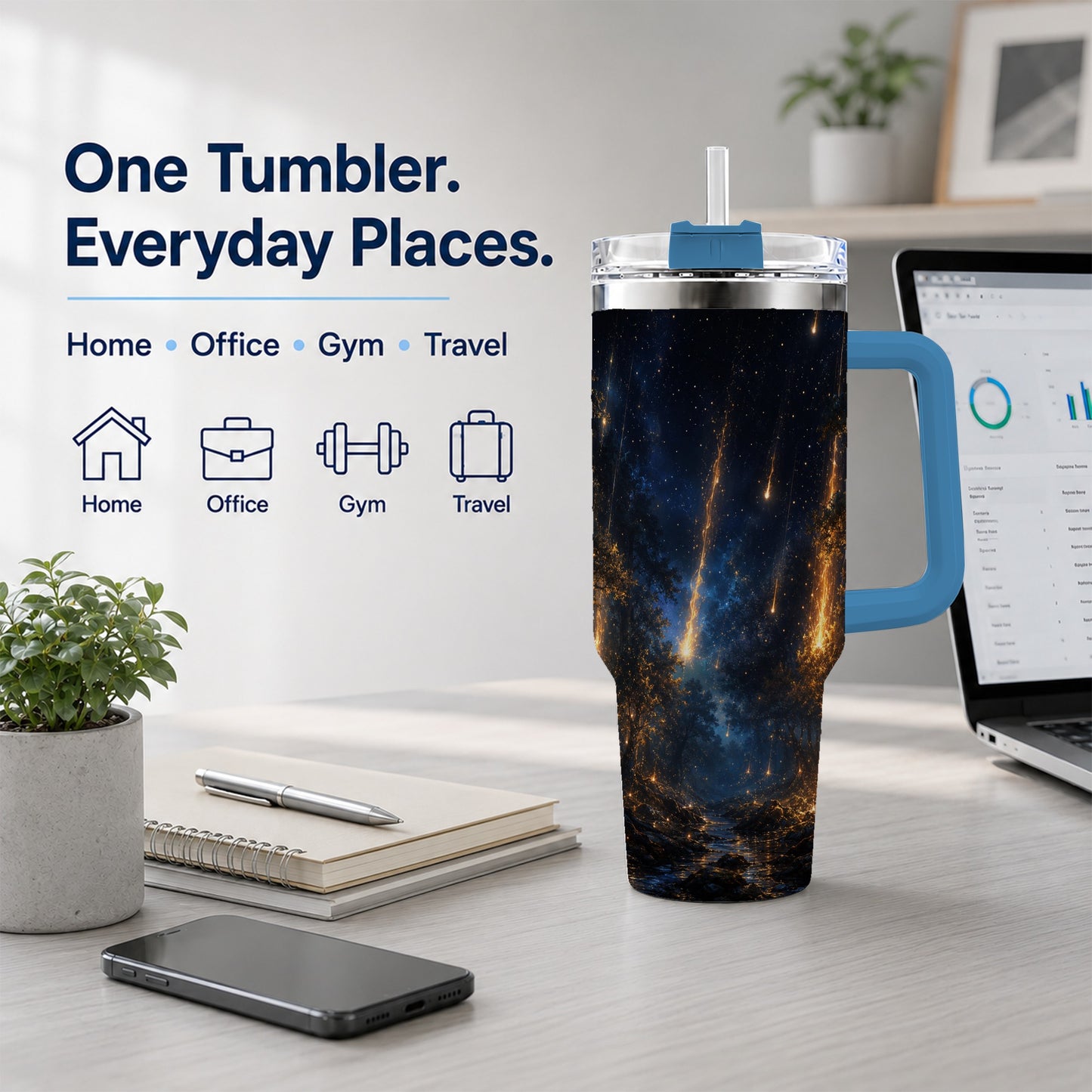 #pl[40oz|Blue] Meteor Shower Forest 40oz Tumbler with Handle, Celestial Art