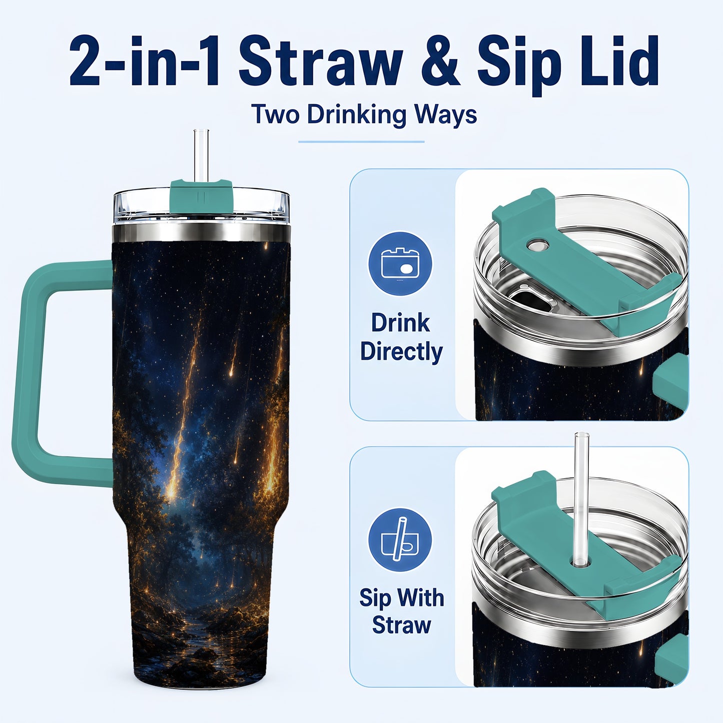 #pl[40oz|Green] Meteor Shower Forest 40oz Tumbler with Handle, Celestial Art