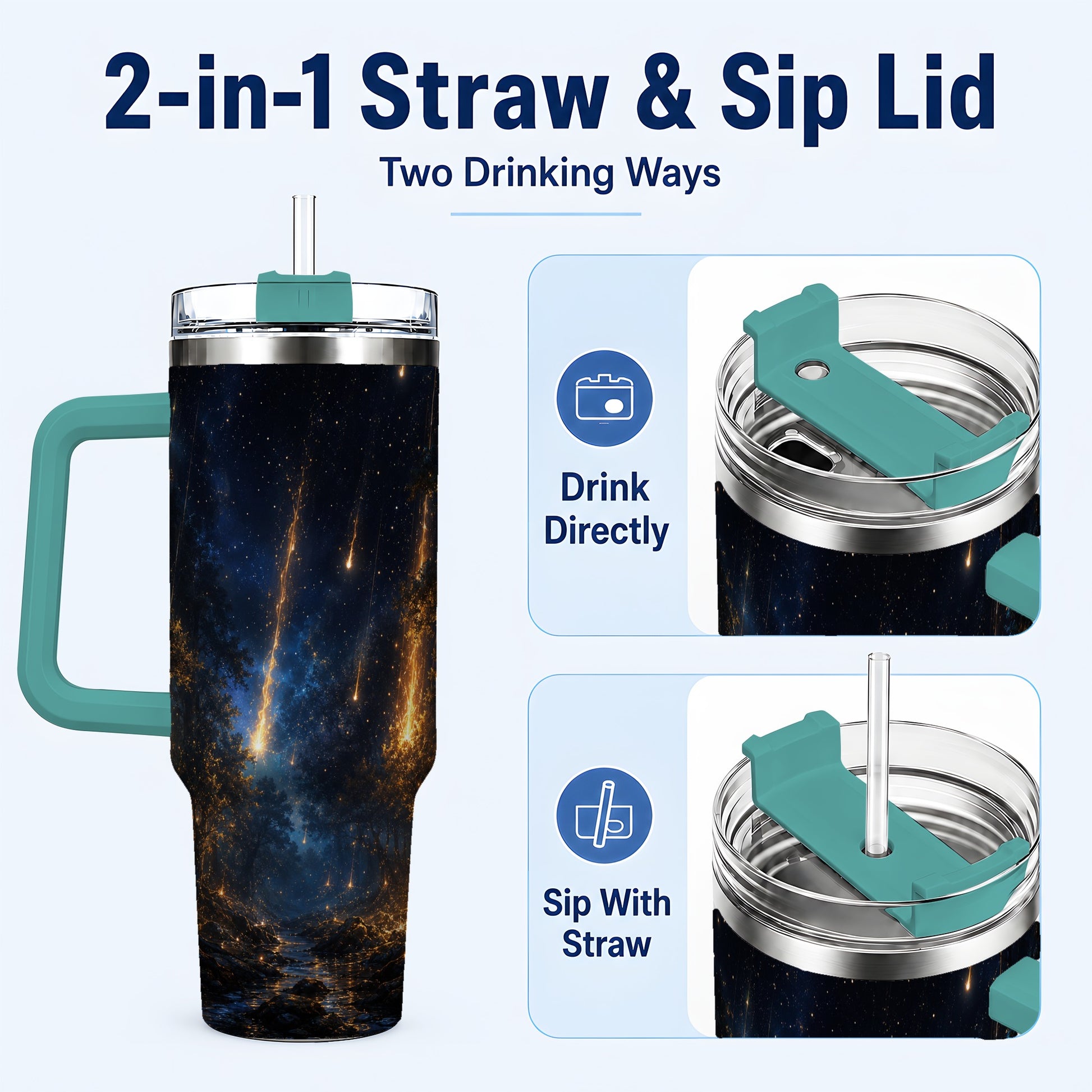 #pl[40oz|Green] Meteor Shower Forest 40oz Tumbler with Handle, Celestial Art