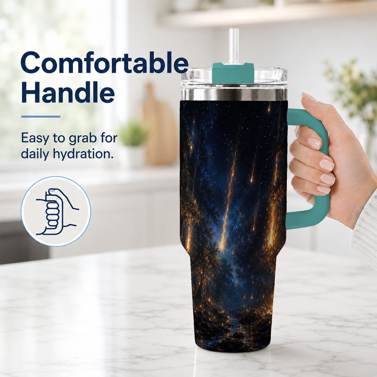 #pl[40oz|Green] Meteor Shower Forest 40oz Tumbler with Handle, Celestial Art