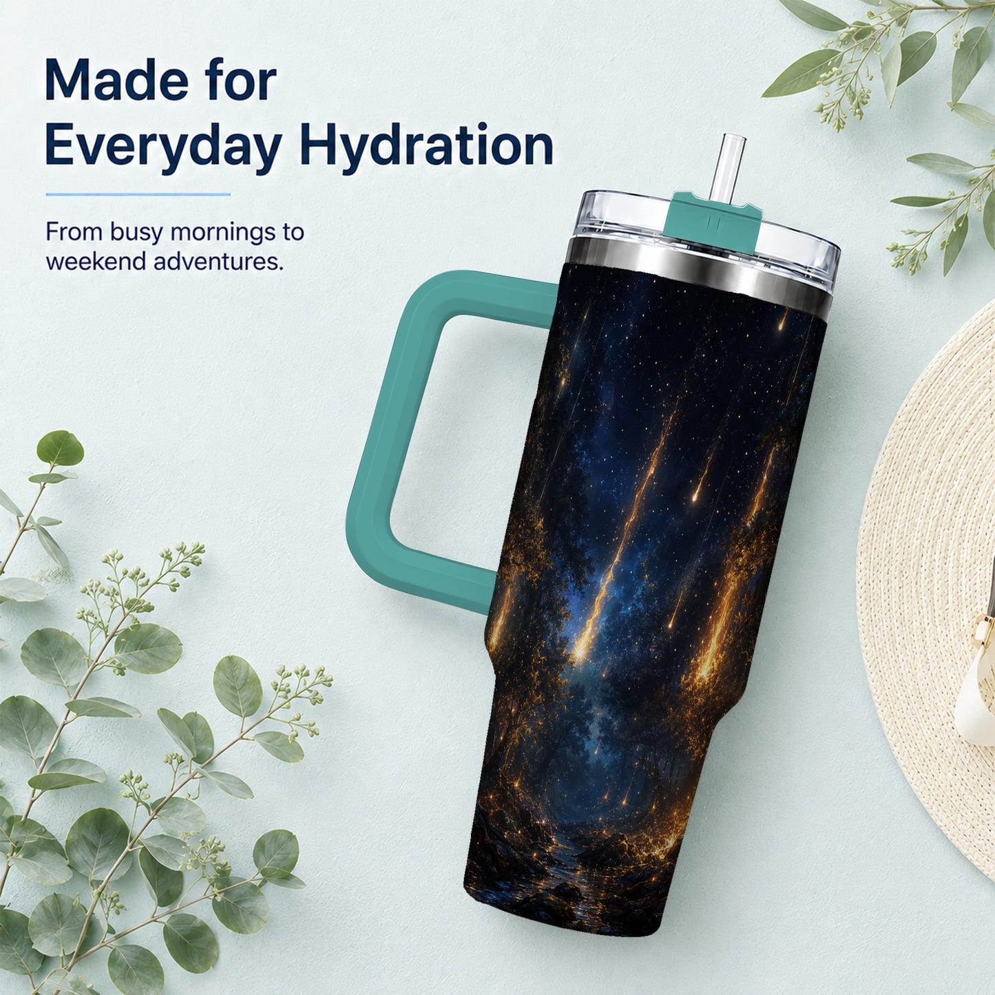 #pl[40oz|Green] Meteor Shower Forest 40oz Tumbler with Handle, Celestial Art