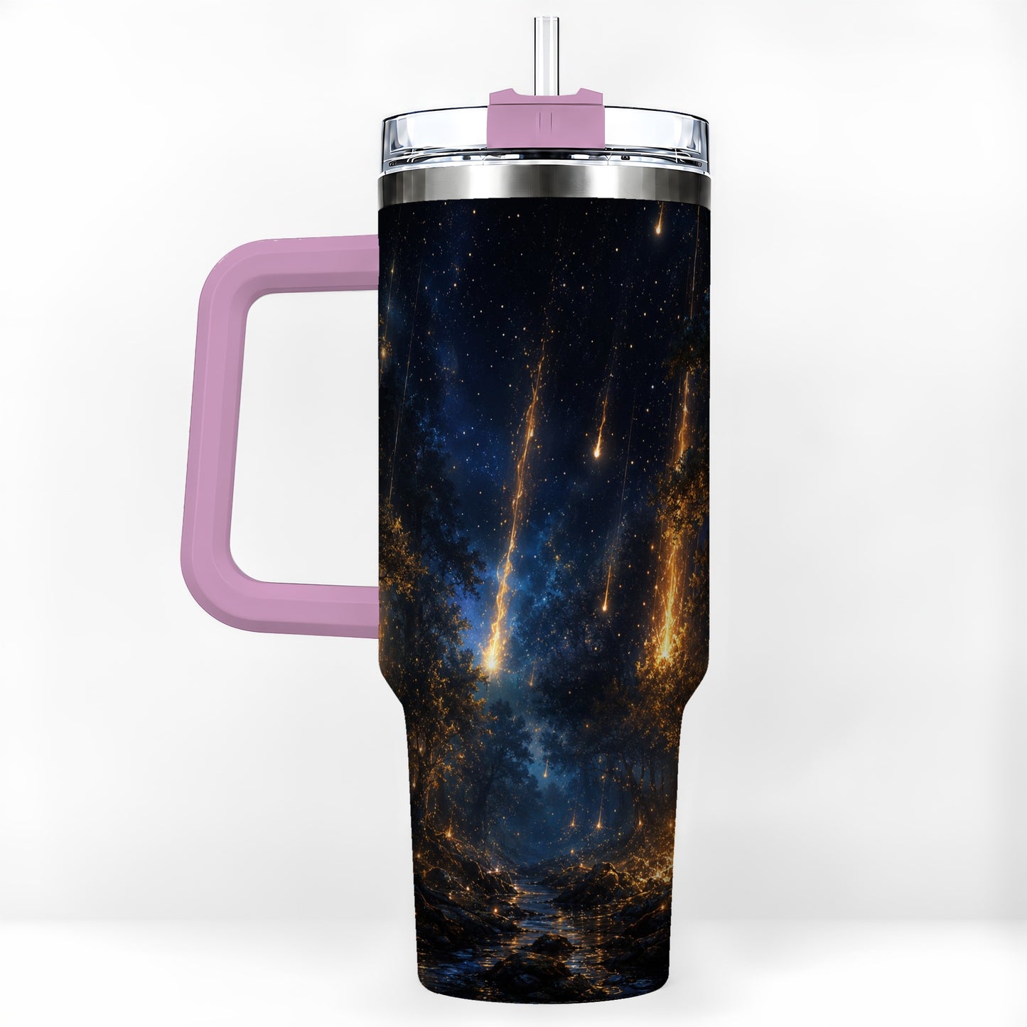 #pl[40oz|Pink] Meteor Shower Forest 40oz Tumbler with Handle, Celestial Art