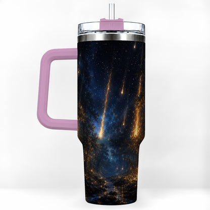 #pl[40oz|Pink] Meteor Shower Forest 40oz Tumbler with Handle, Celestial Art