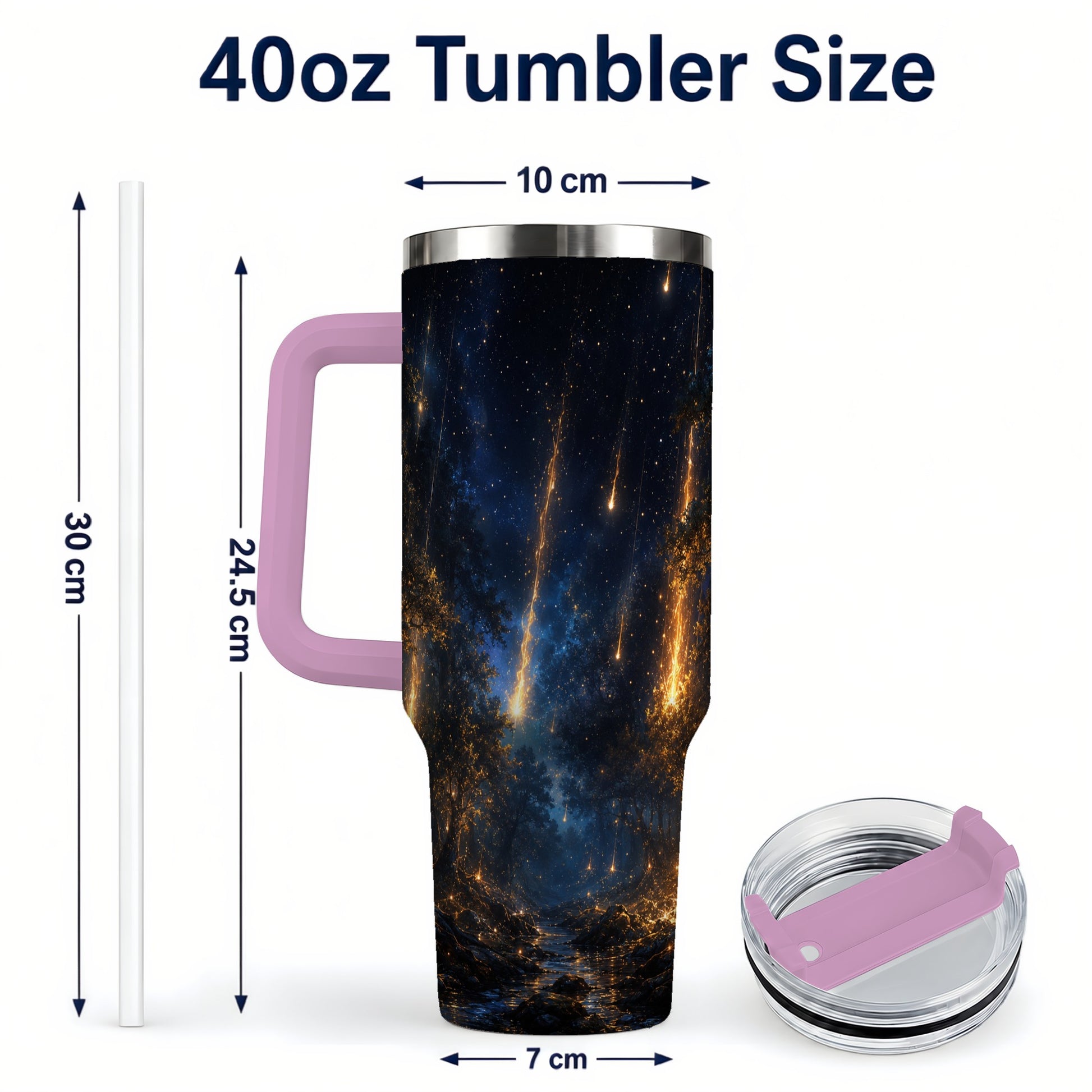 #pl[40oz|Pink] Meteor Shower Forest 40oz Tumbler with Handle, Celestial Art