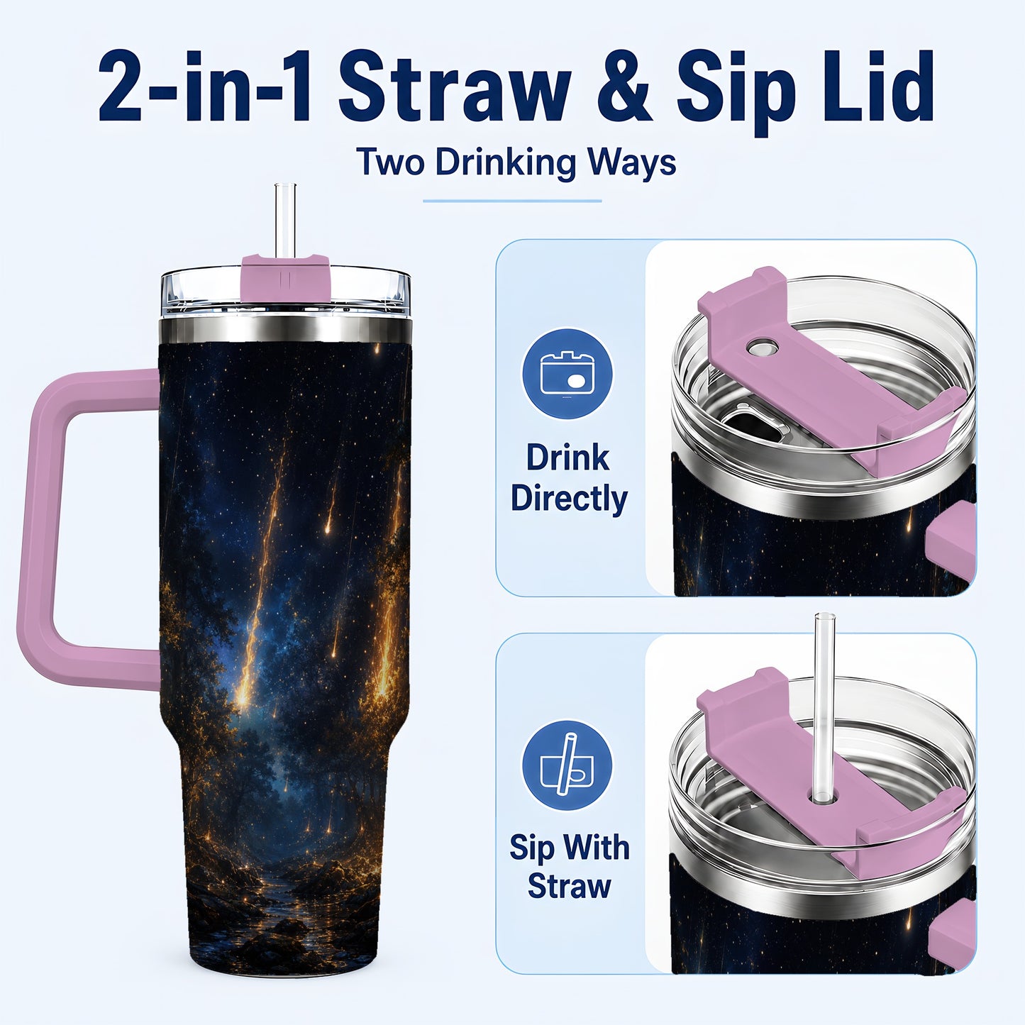 #pl[40oz|Pink] Meteor Shower Forest 40oz Tumbler with Handle, Celestial Art