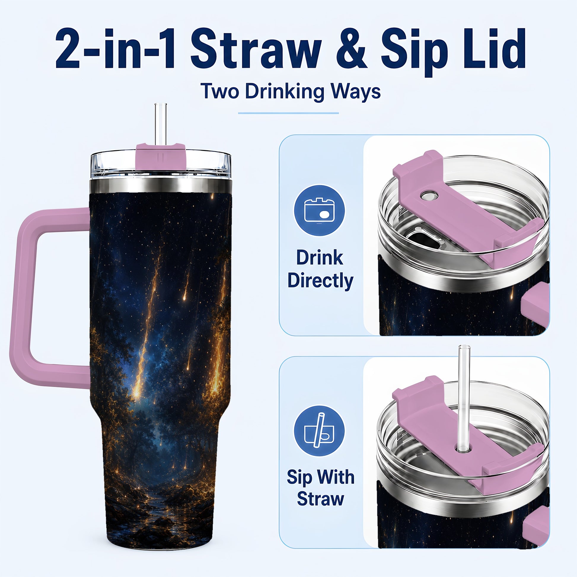 #pl[40oz|Pink] Meteor Shower Forest 40oz Tumbler with Handle, Celestial Art