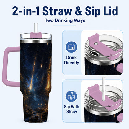 #pl[40oz|Pink] Meteor Shower Forest 40oz Tumbler with Handle, Celestial Art