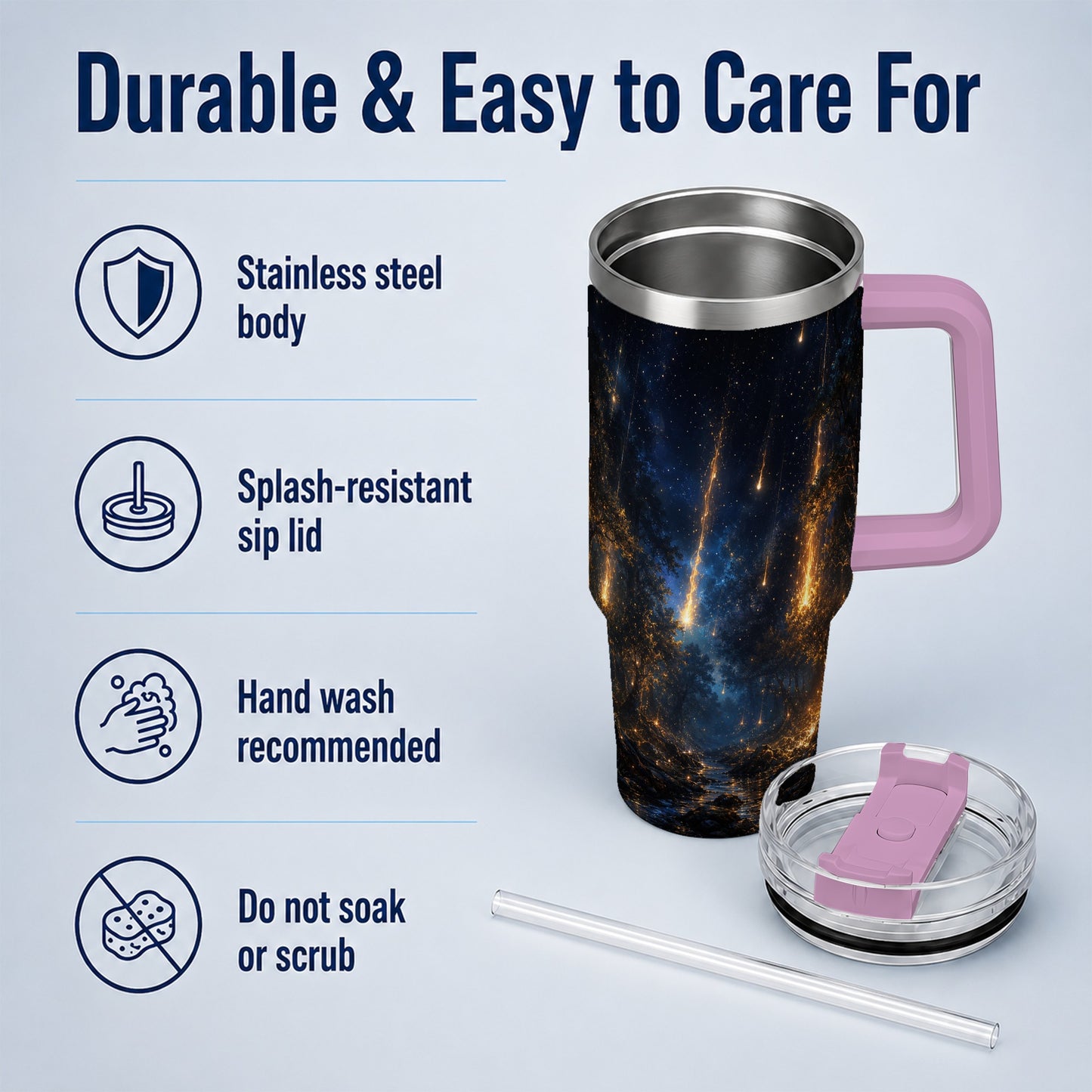 #pl[40oz|Pink] Meteor Shower Forest 40oz Tumbler with Handle, Celestial Art