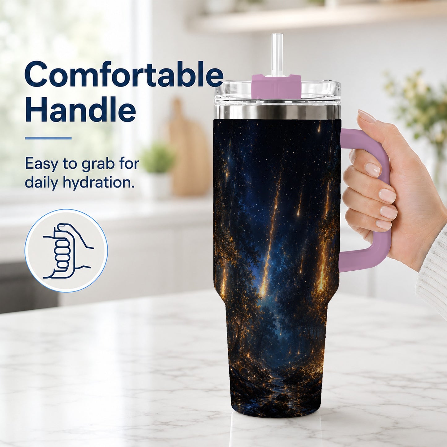 #pl[40oz|Pink] Meteor Shower Forest 40oz Tumbler with Handle, Celestial Art