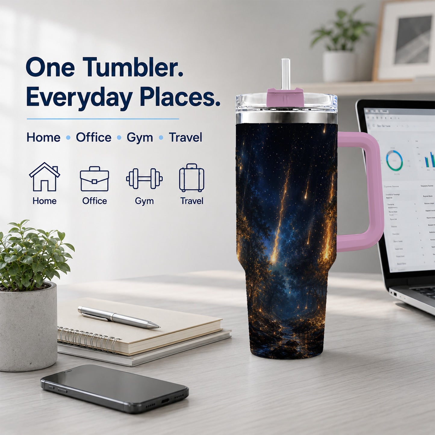 #pl[40oz|Pink] Meteor Shower Forest 40oz Tumbler with Handle, Celestial Art