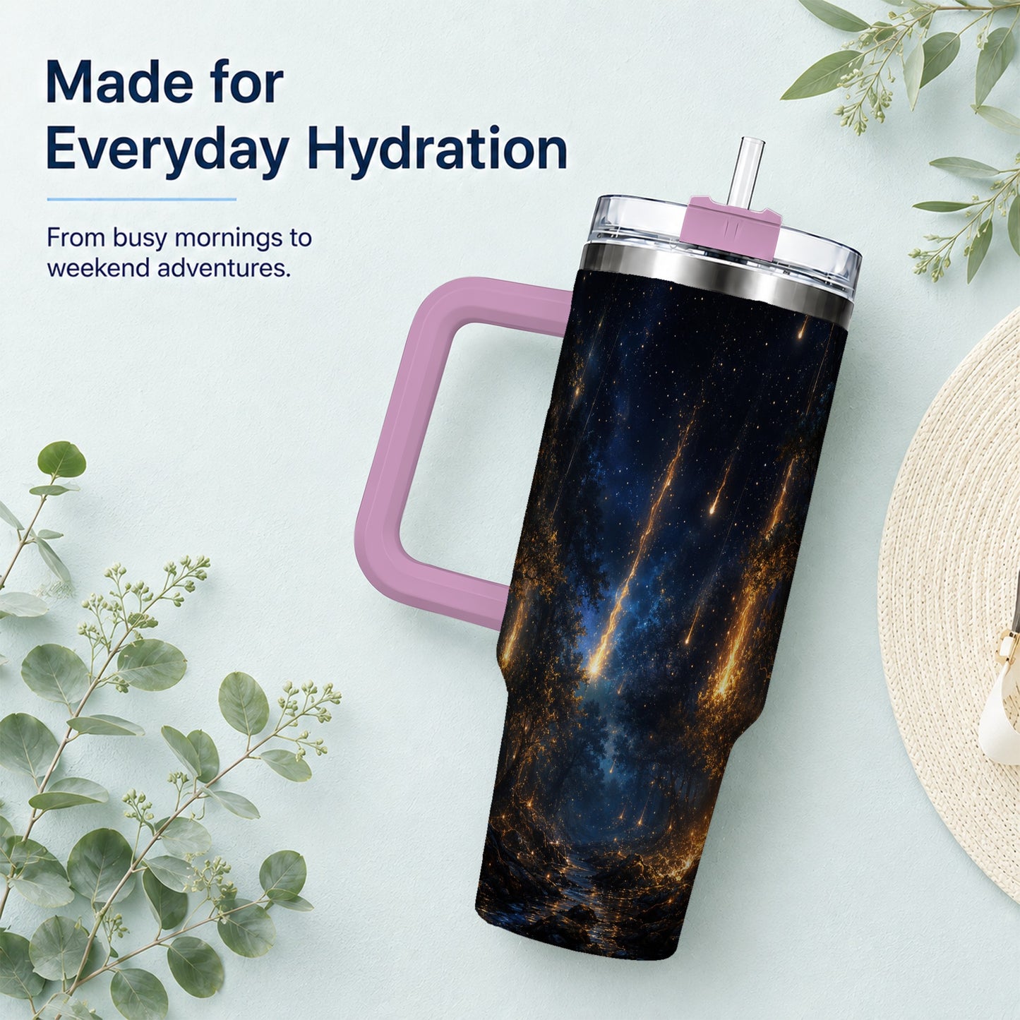 #pl[40oz|Pink] Meteor Shower Forest 40oz Tumbler with Handle, Celestial Art