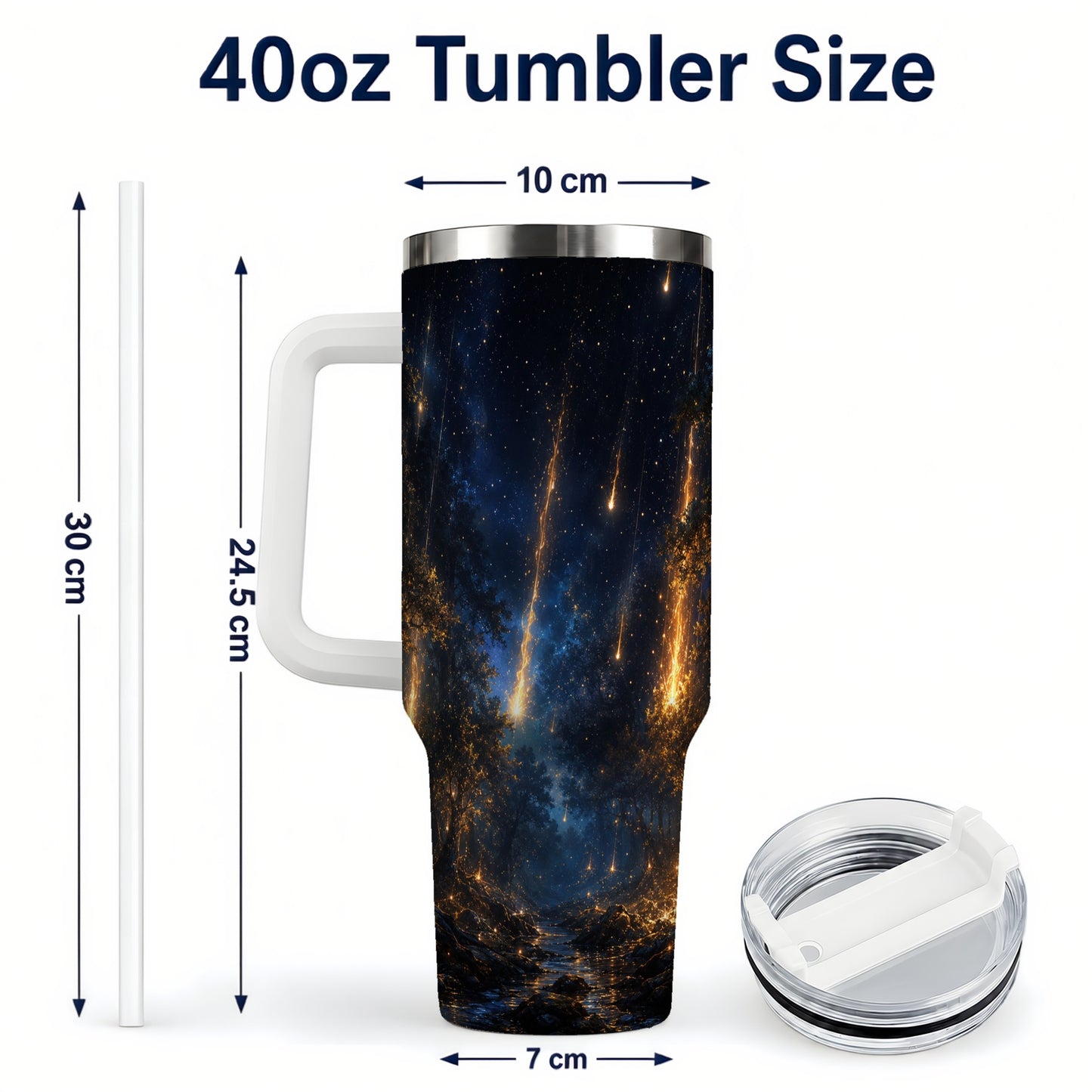 #pl[40oz|White] Meteor Shower Forest 40oz Tumbler with Handle, Celestial Art