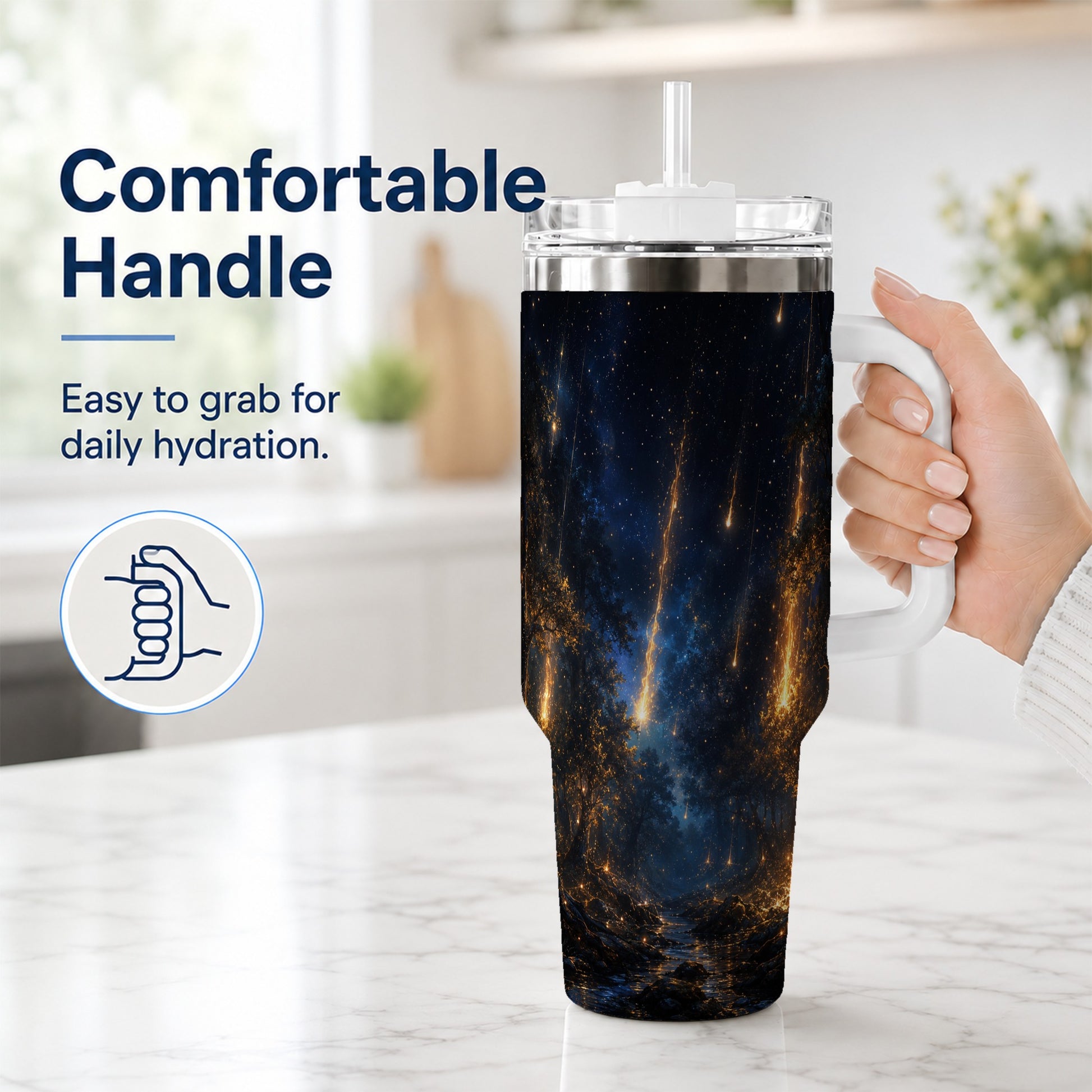#pl[40oz|White] Meteor Shower Forest 40oz Tumbler with Handle, Celestial Art